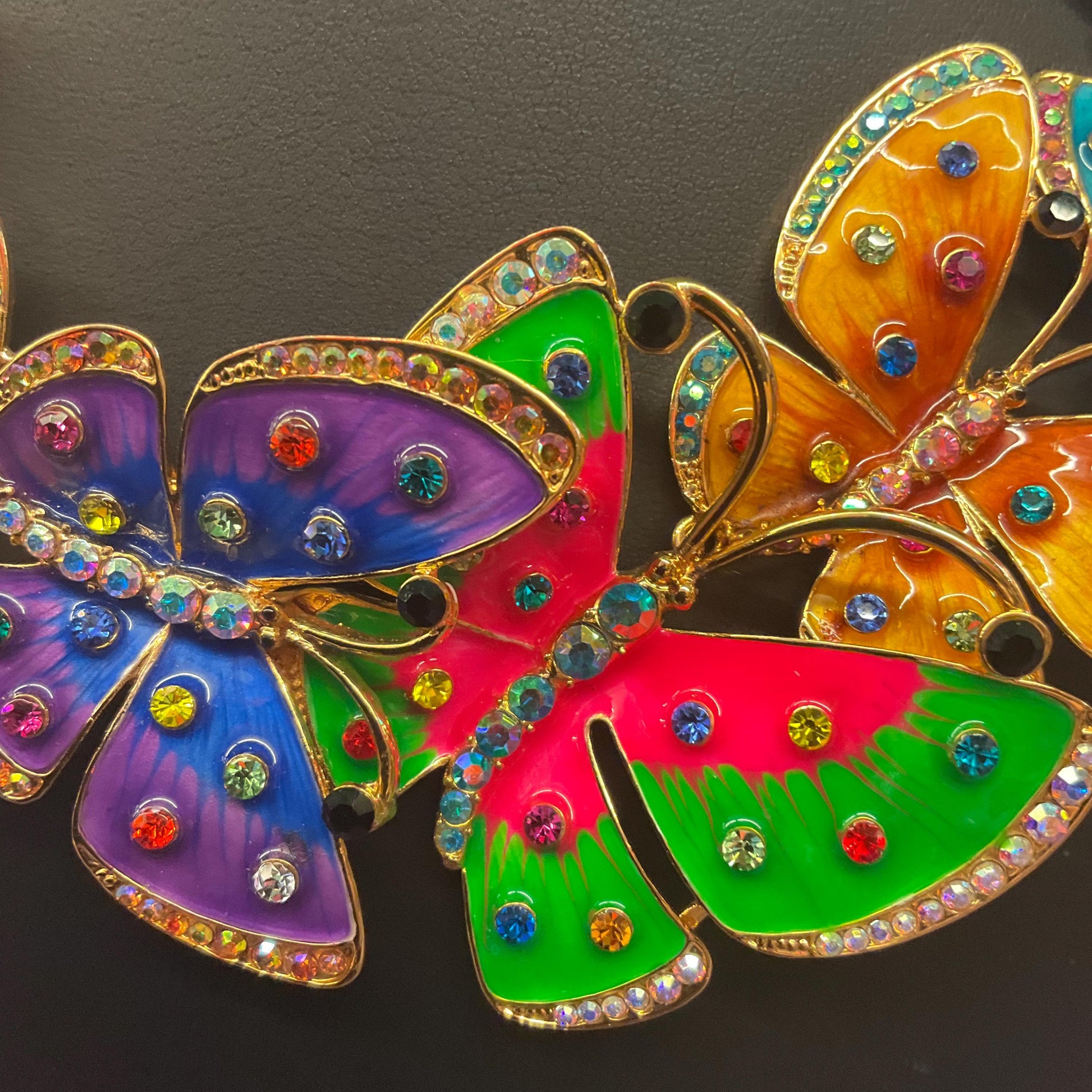 Vintage Butler and Wilson Statement Enamel and Crystal Butterfly Necklace, gold tone with lustre enamel and rainbow rhinestones