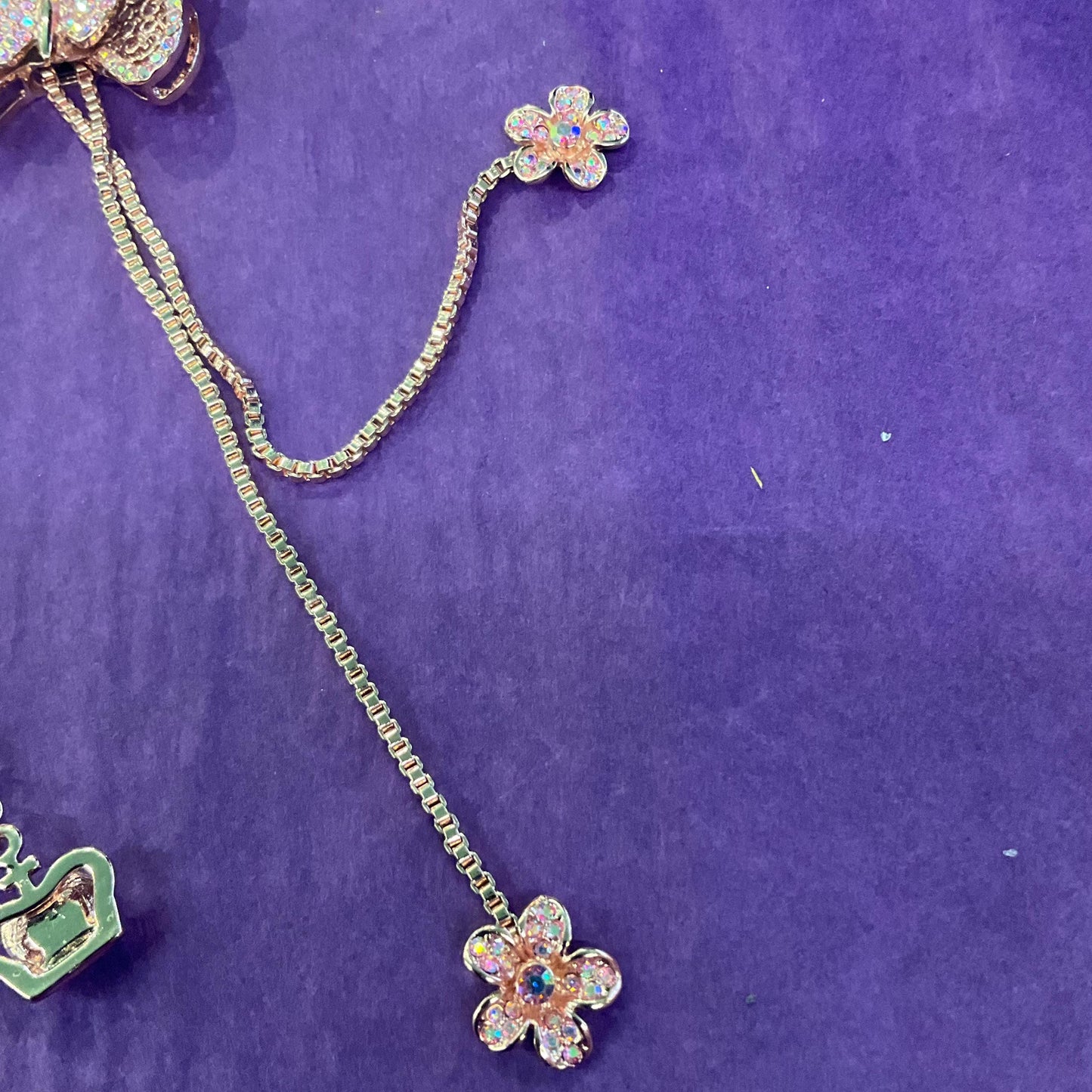 Vintage Butler and Wilson Crystal Butterfly Lariat Necklace, Rose Gold tone with Pink Borealis Rhinestones