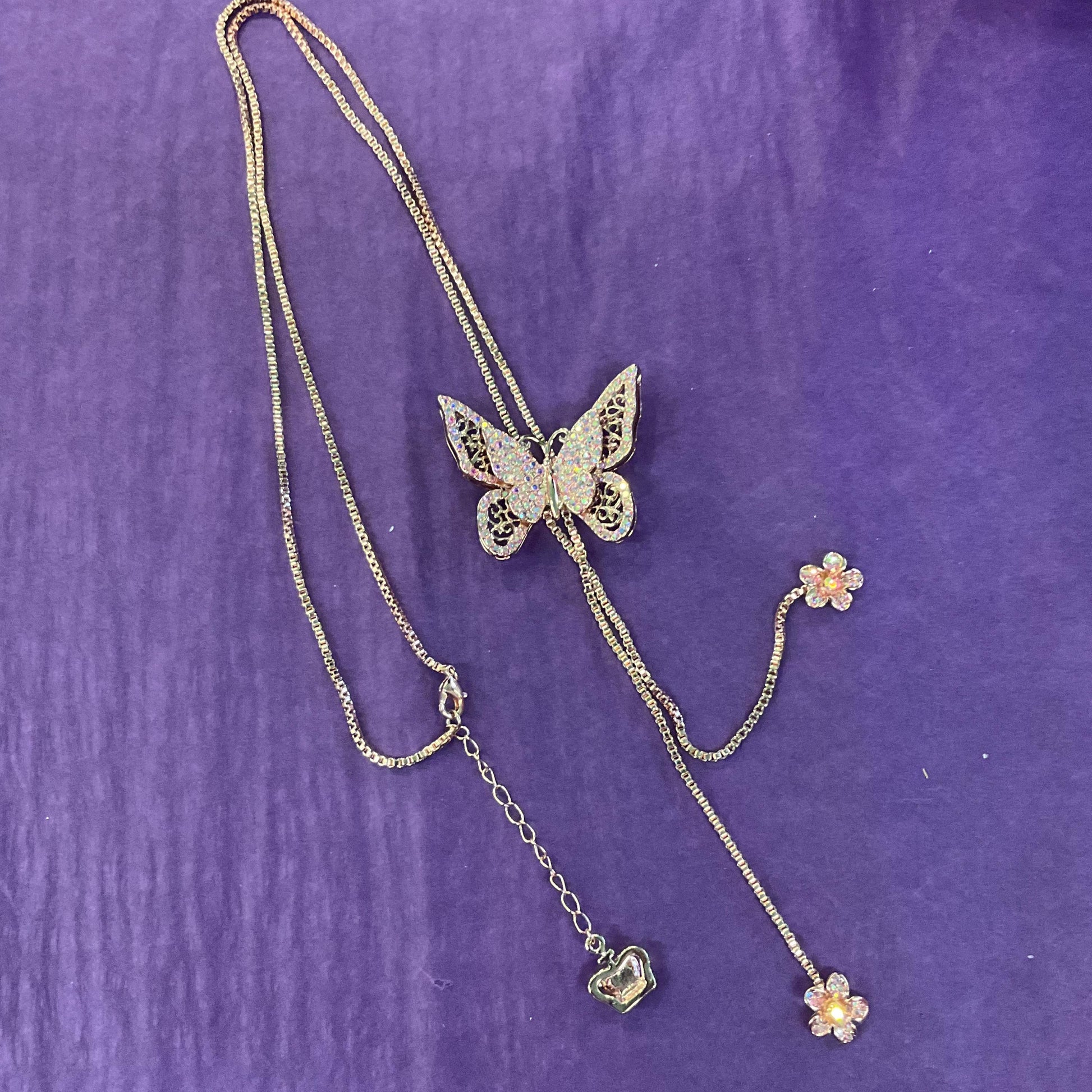 Vintage Butler and Wilson Crystal Butterfly Lariat Necklace, Rose Gold tone with Pink Borealis Rhinestones
