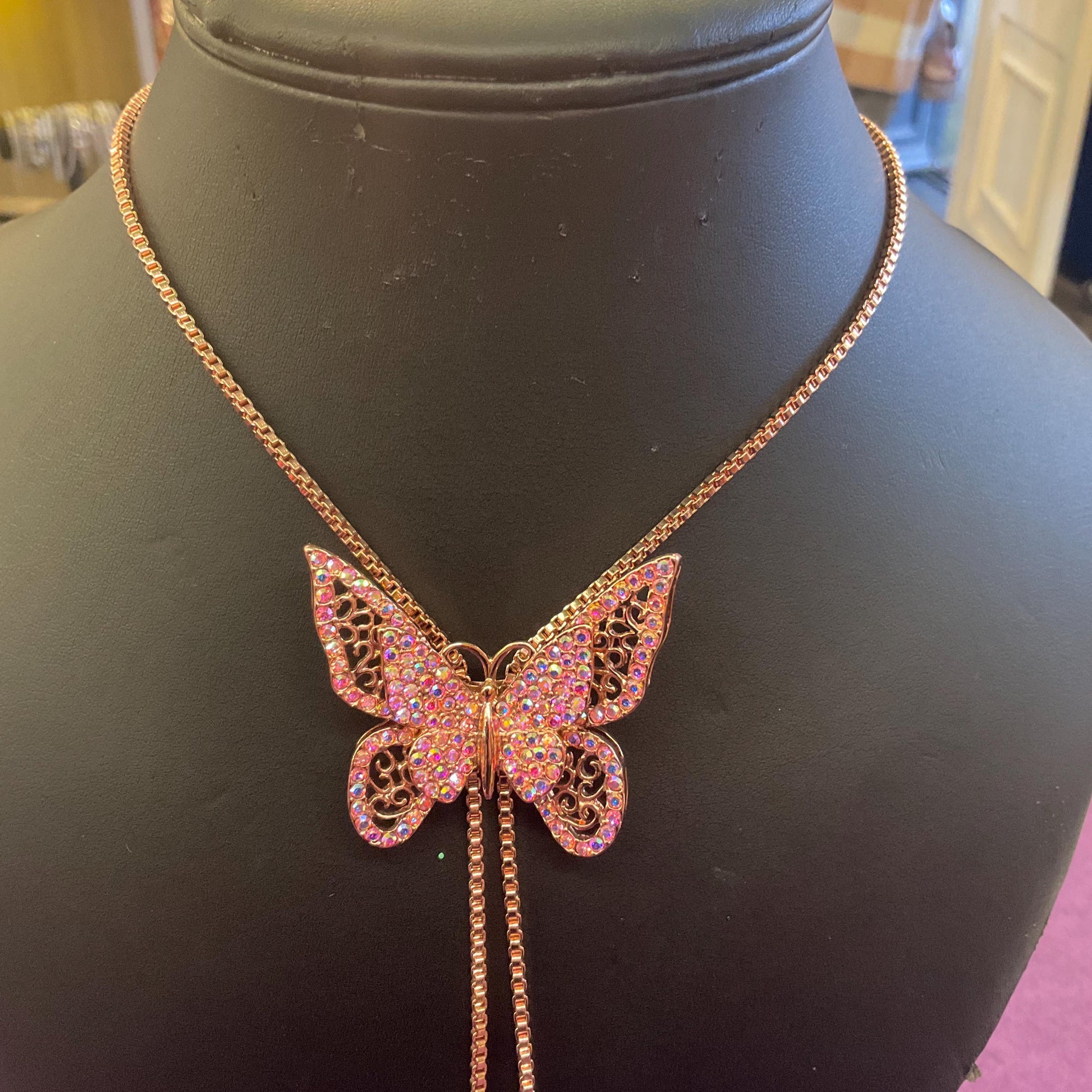 Vintage Butler and Wilson Crystal Butterfly Lariat Necklace, Rose Gold tone with Pink Borealis Rhinestones