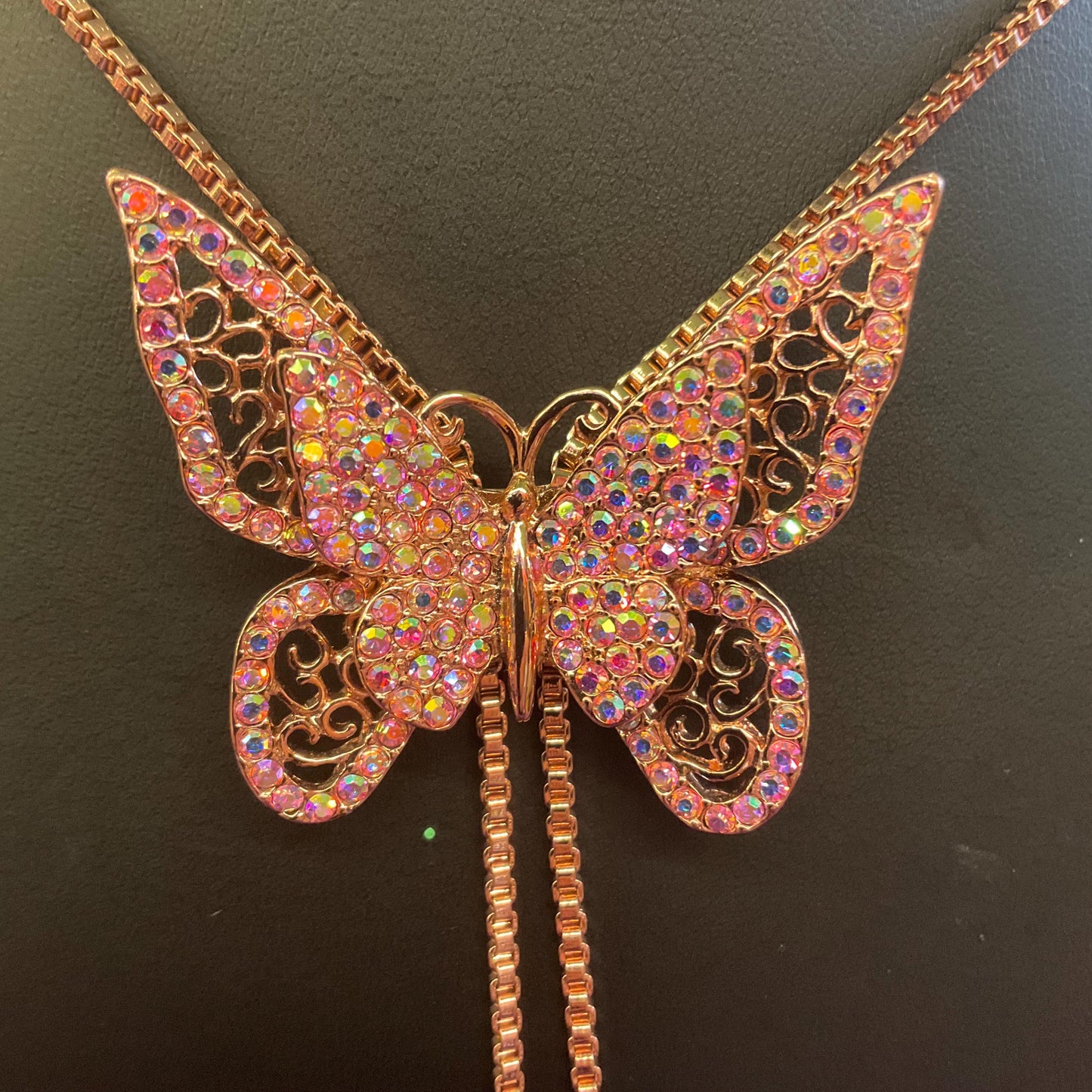 Vintage Butler and Wilson Crystal Butterfly Lariat Necklace, Rose Gold tone with Pink Borealis Rhinestones
