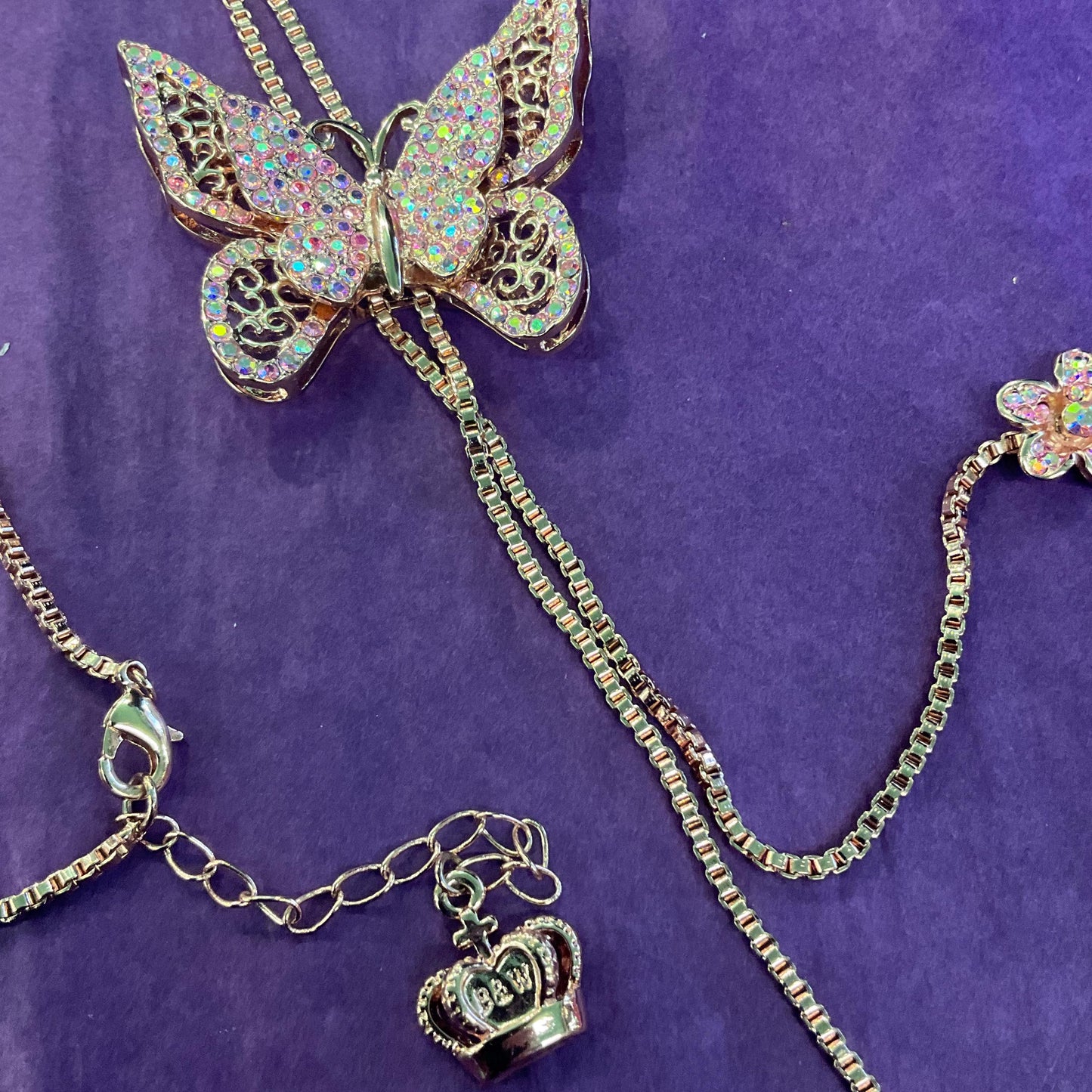Vintage Butler and Wilson Crystal Butterfly Lariat Necklace, Rose Gold tone with Pink Borealis Rhinestones