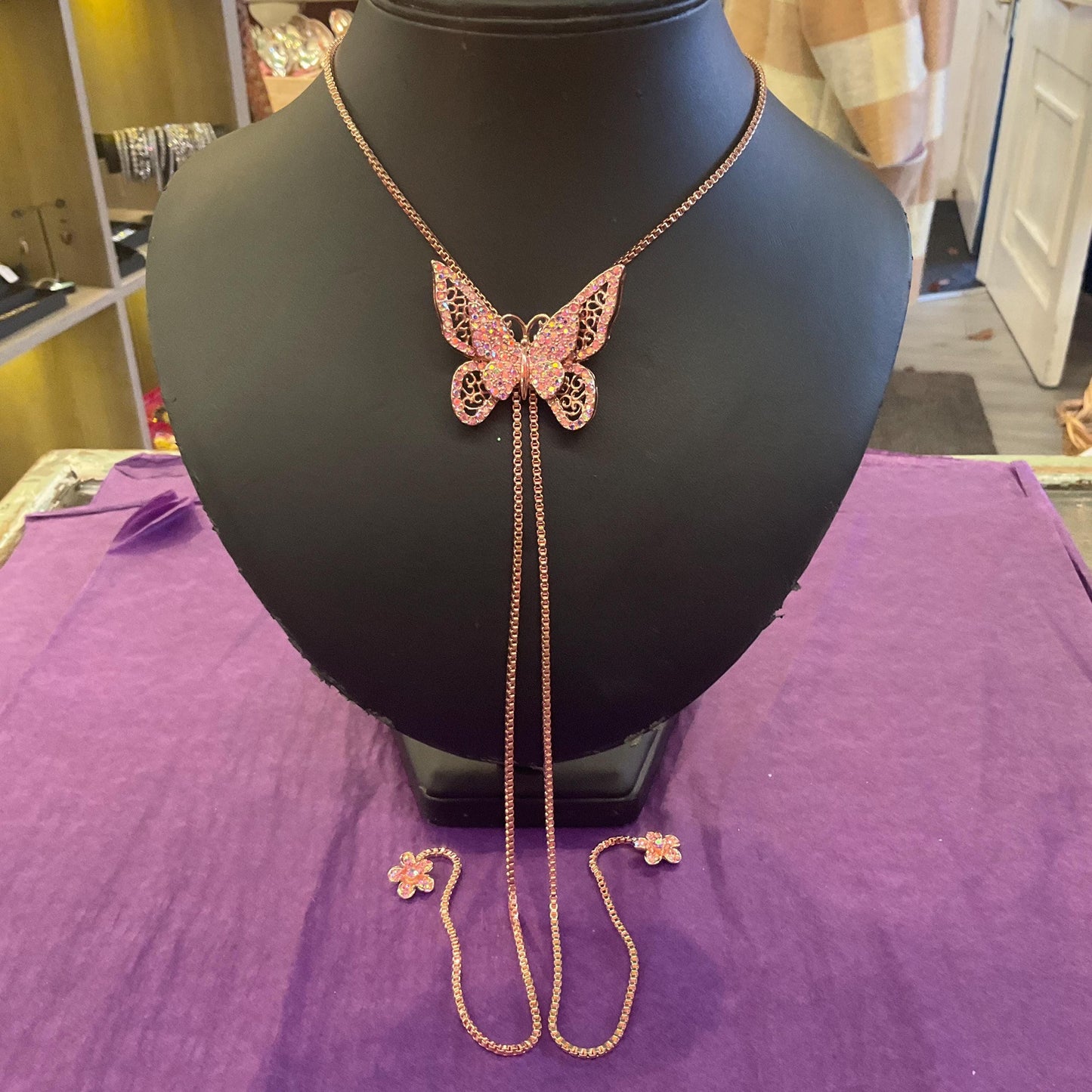 Vintage Butler and Wilson Crystal Butterfly Lariat Necklace, Rose Gold tone with Pink Borealis Rhinestones