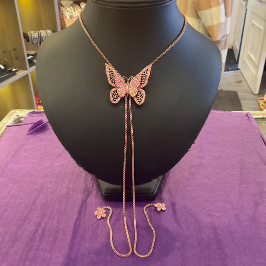 Vintage Butler and Wilson Crystal Butterfly Lariat Necklace, Rose Gold tone with Pink Borealis Rhinestones