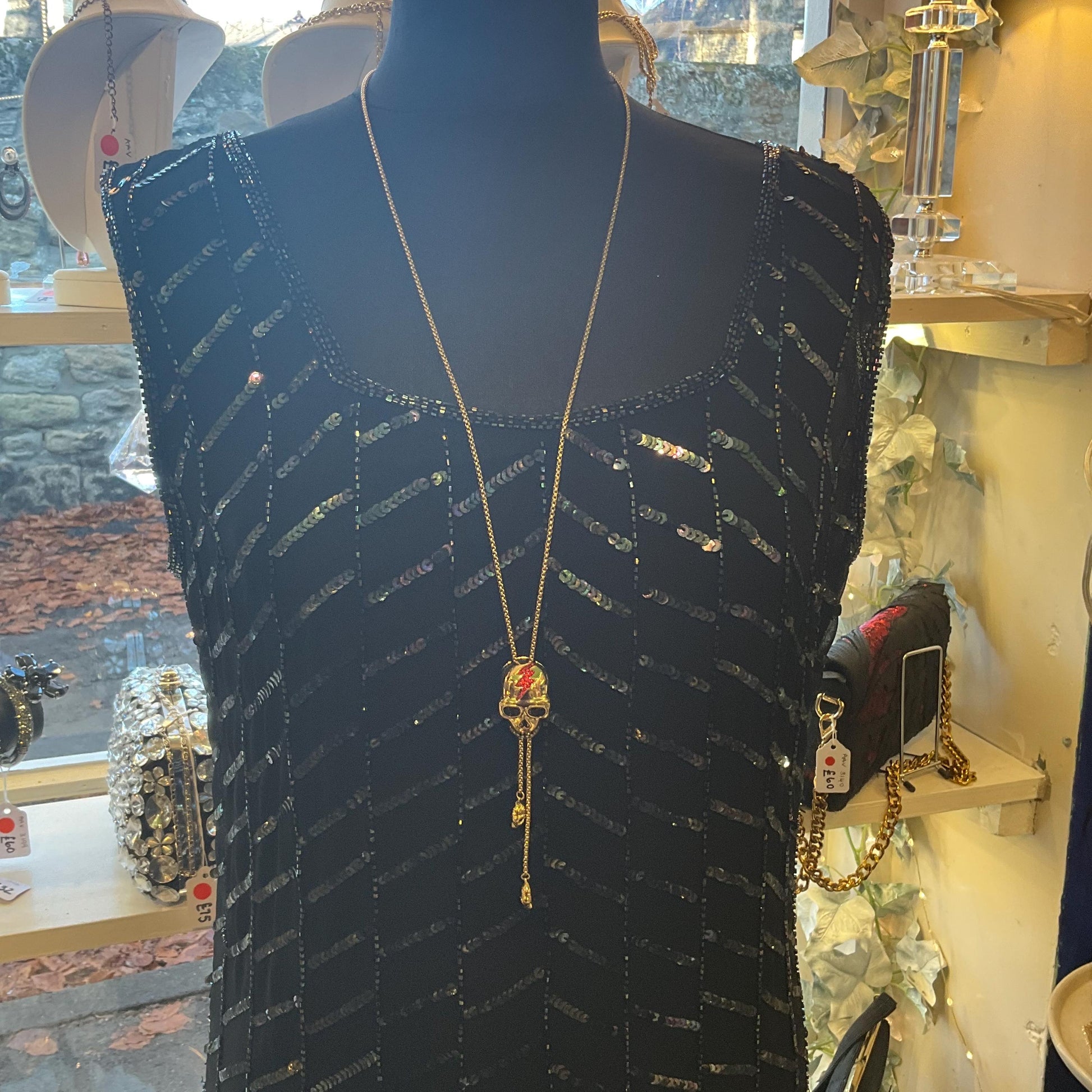 Vintage Butler and Wilson Gold Skull Crystal Lariat Necklace, Gold tone with red Bowie Rhinestone Lightening Flash