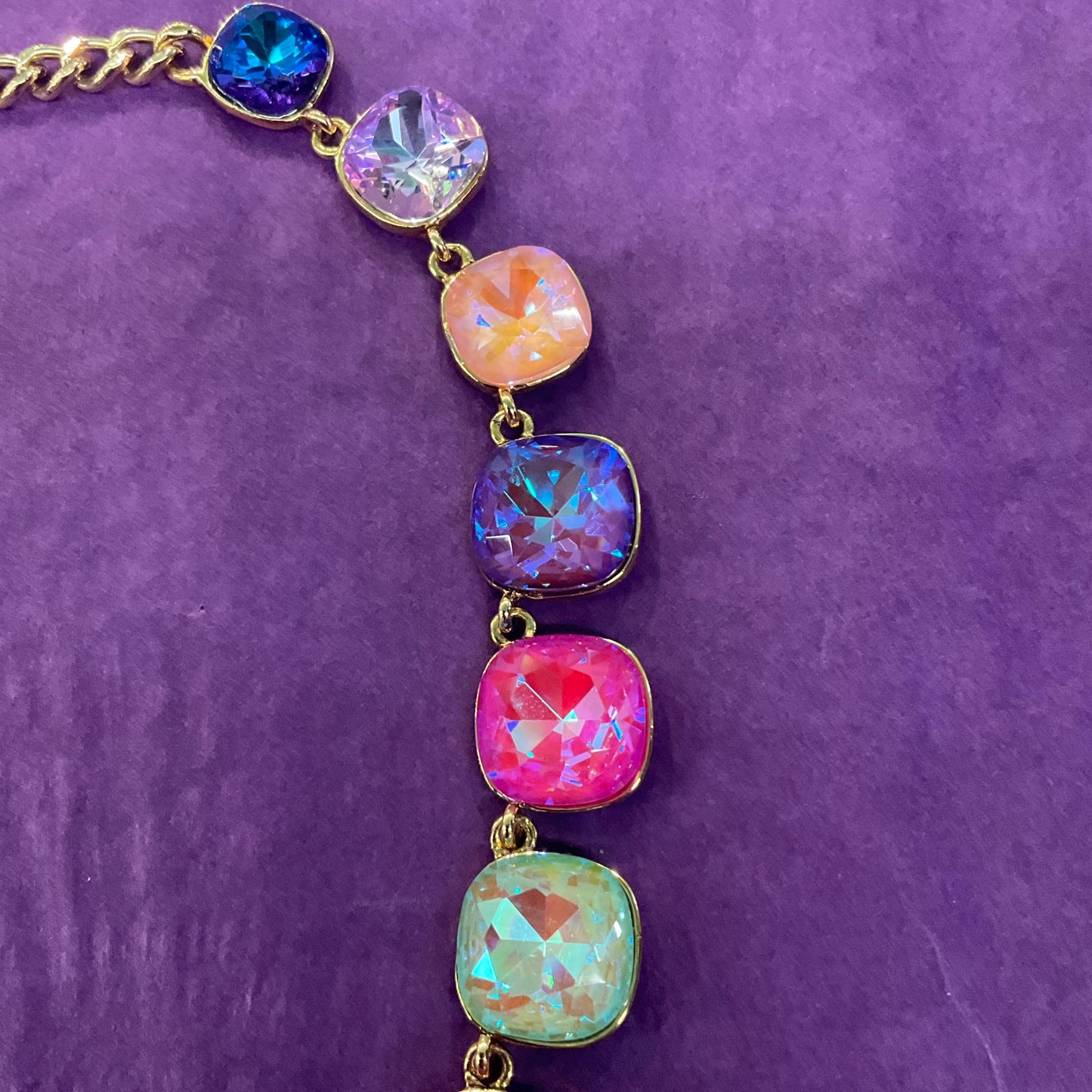 Vintage Butler and Wilson Pastel Rainbow Crystal Statement Necklace, gold tone with large Borealis crystals