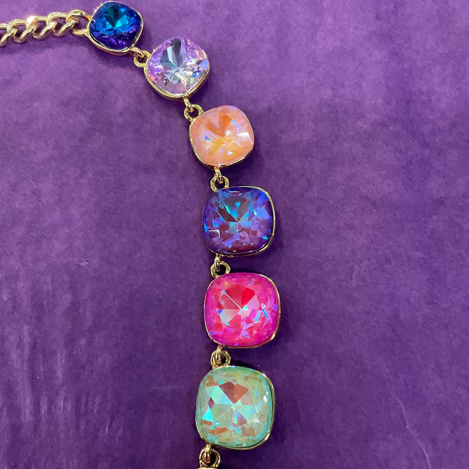 Vintage Butler and Wilson Pastel Rainbow Crystal Statement Necklace, gold tone with large Borealis crystals