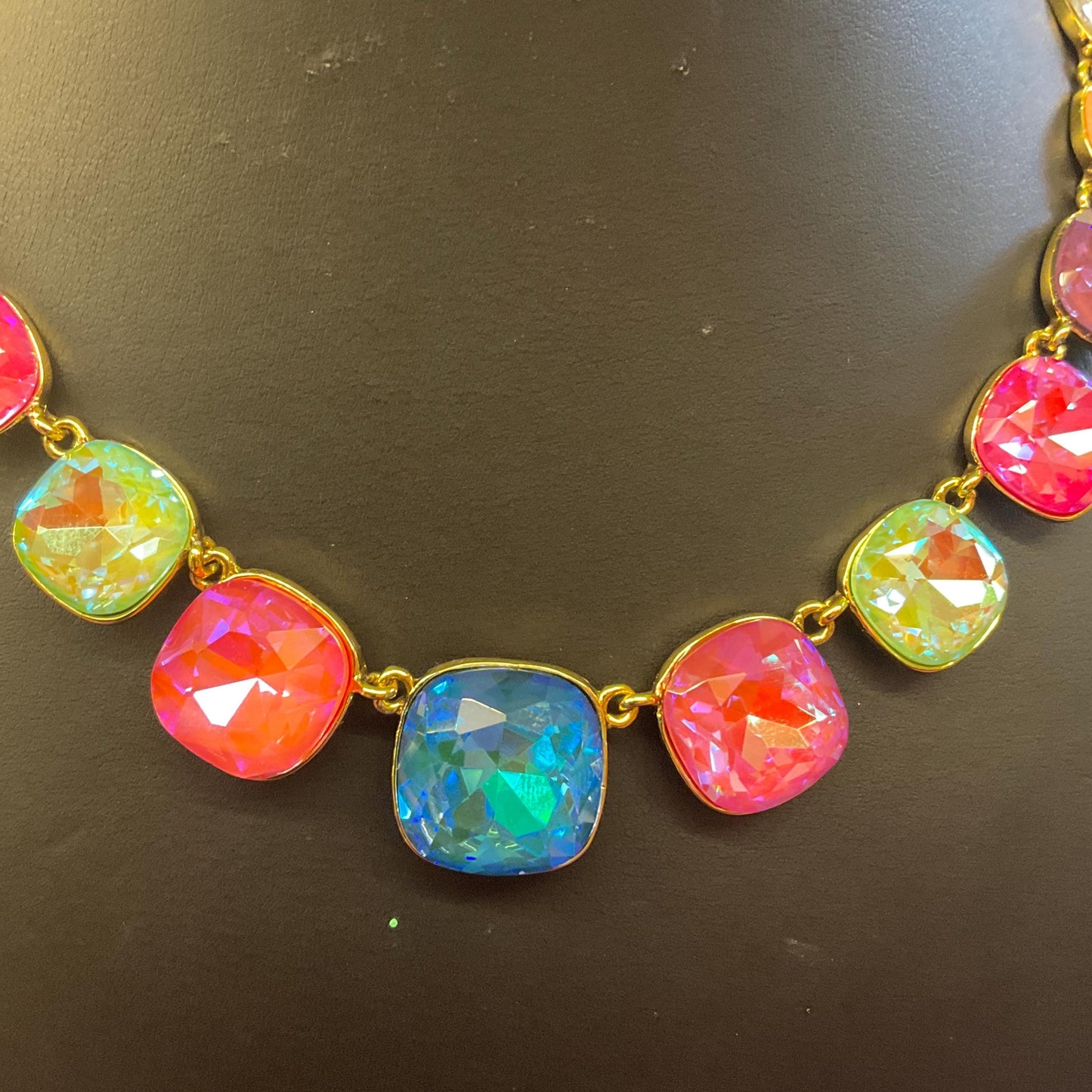 Vintage Butler and Wilson Pastel Rainbow Crystal Statement Necklace, gold tone with large Borealis crystals