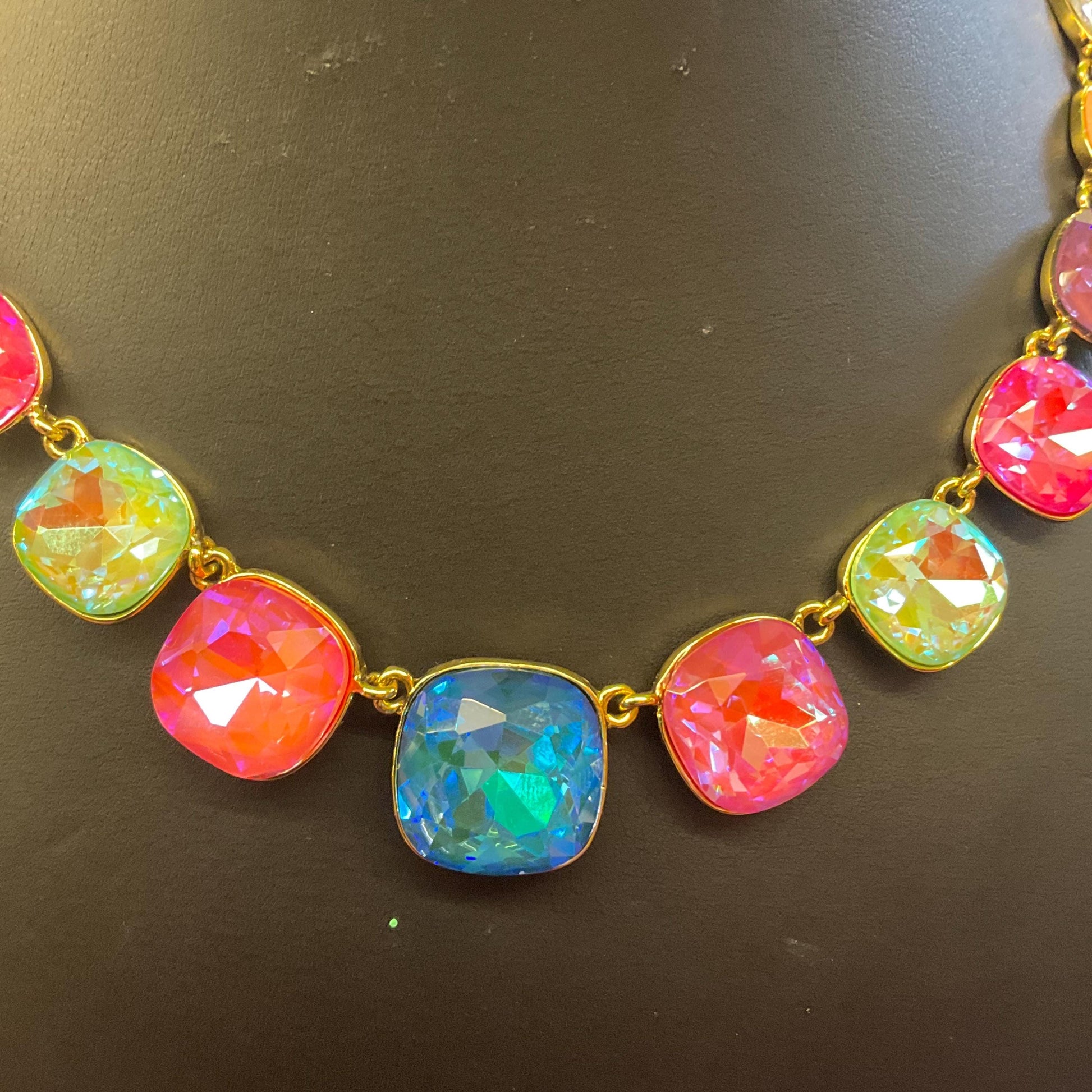 Vintage Butler and Wilson Pastel Rainbow Crystal Statement Necklace, gold tone with large Borealis crystals