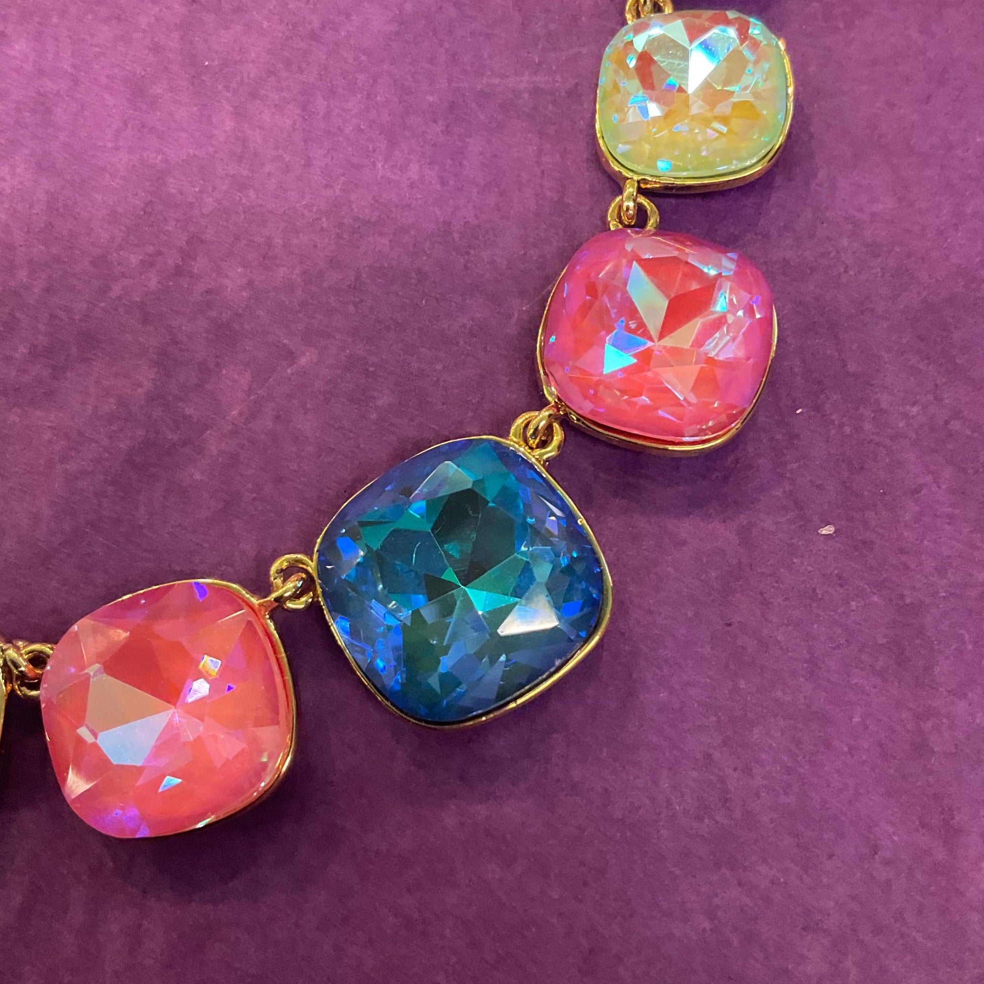 Vintage Butler and Wilson Pastel Rainbow Crystal Statement Necklace, gold tone with large Borealis crystals