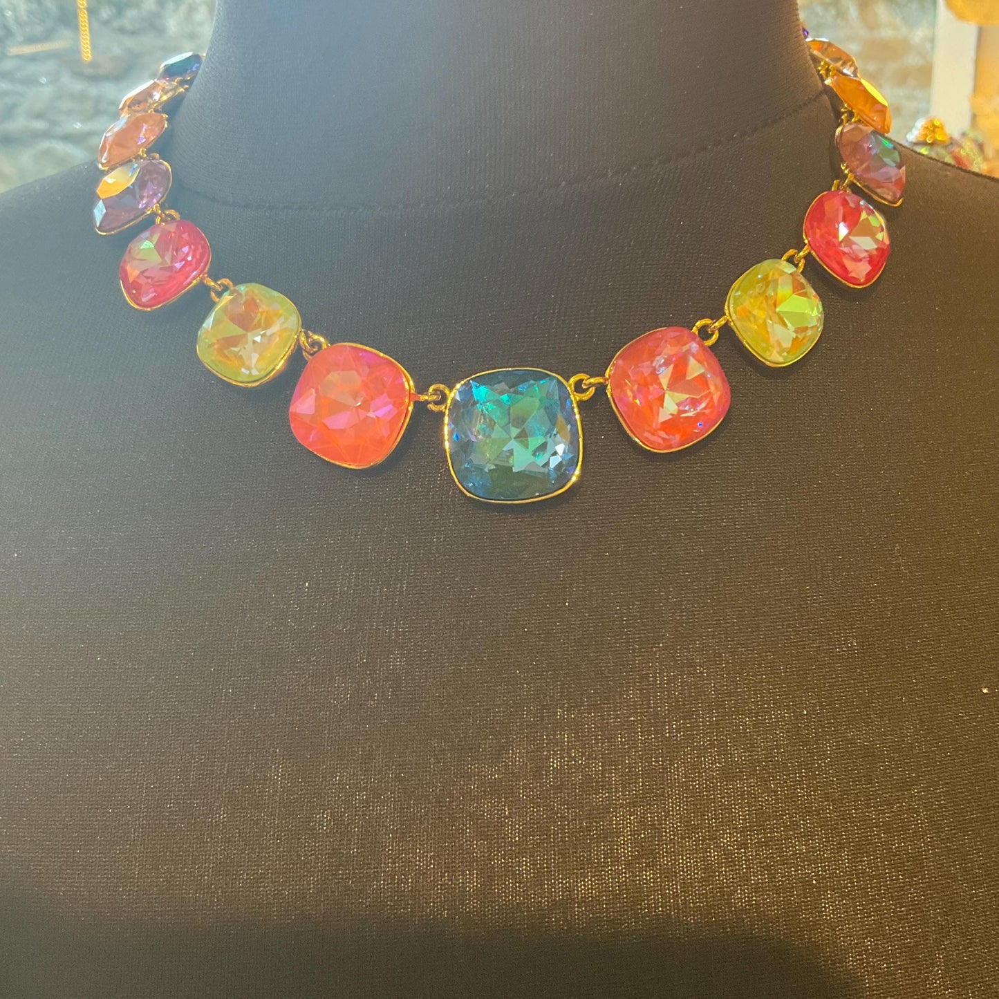 Vintage Butler and Wilson Pastel Rainbow Crystal Statement Necklace, gold tone with large Borealis crystals