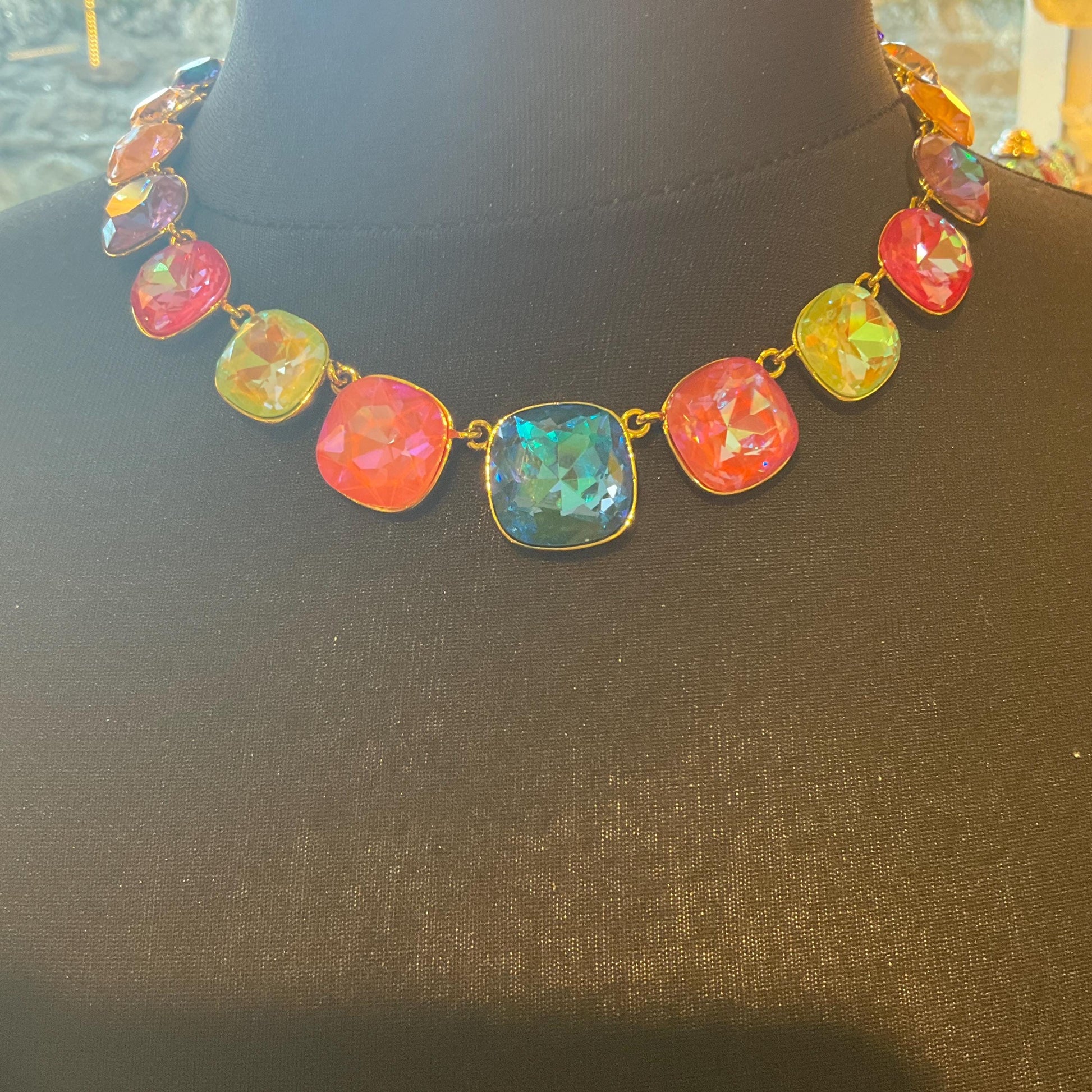 Vintage Butler and Wilson Pastel Rainbow Crystal Statement Necklace, gold tone with large Borealis crystals