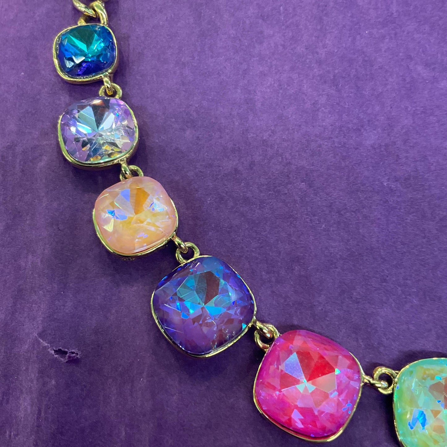 Vintage Butler and Wilson Pastel Rainbow Crystal Statement Necklace, gold tone with large Borealis crystals