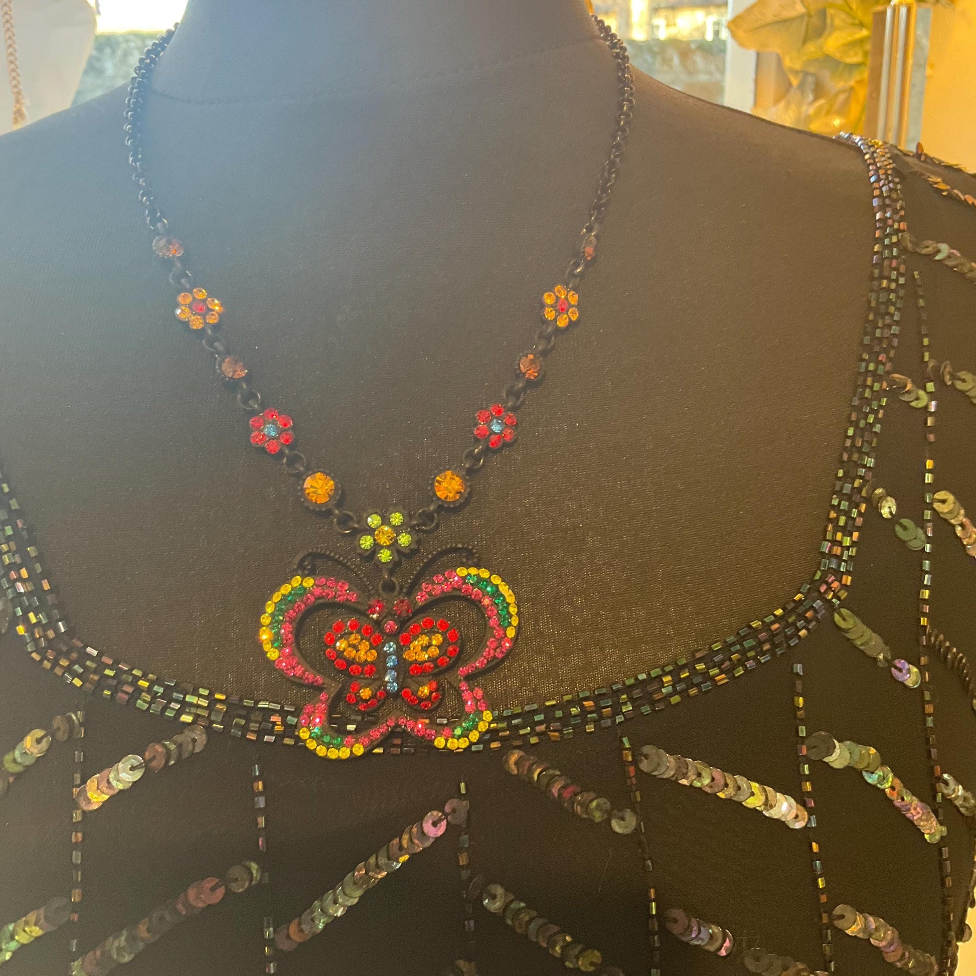 Vintage Butler and Wilson Bohemian Crystal Butterfly Pendant Necklace, Black tone with vibrant multicoloured rhinestones