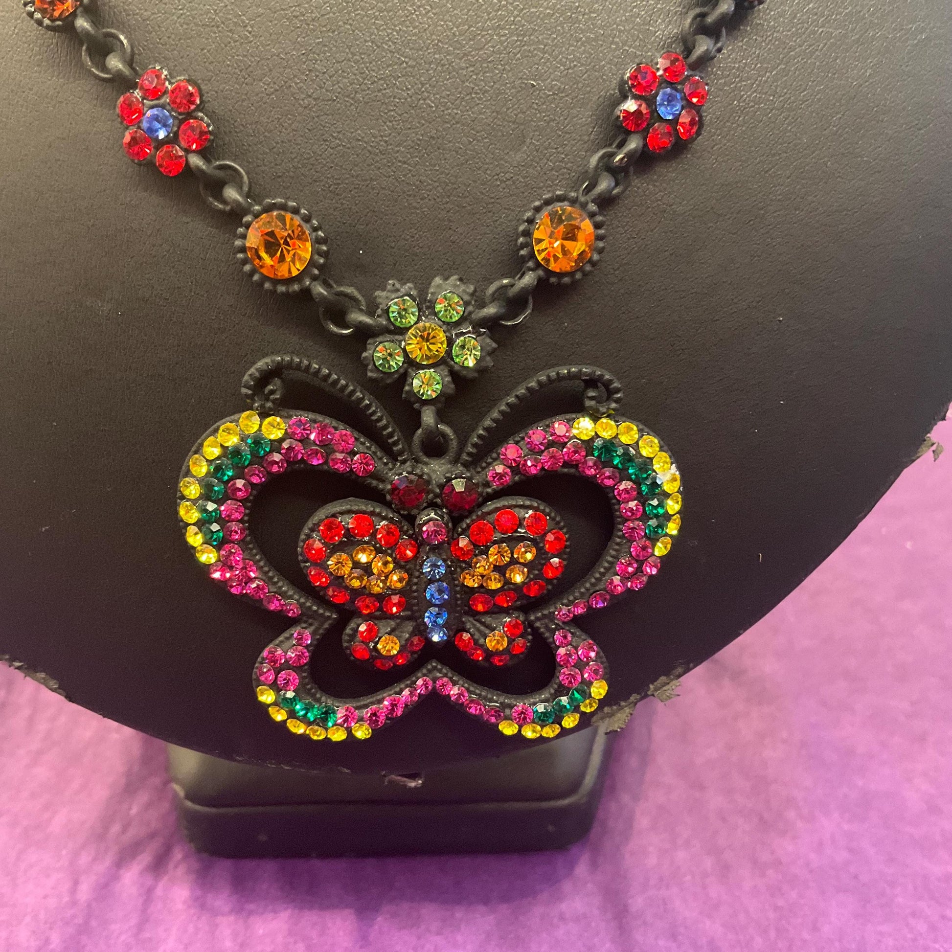 Vintage Butler and Wilson Bohemian Crystal Butterfly Pendant Necklace, Black tone with vibrant multicoloured rhinestones