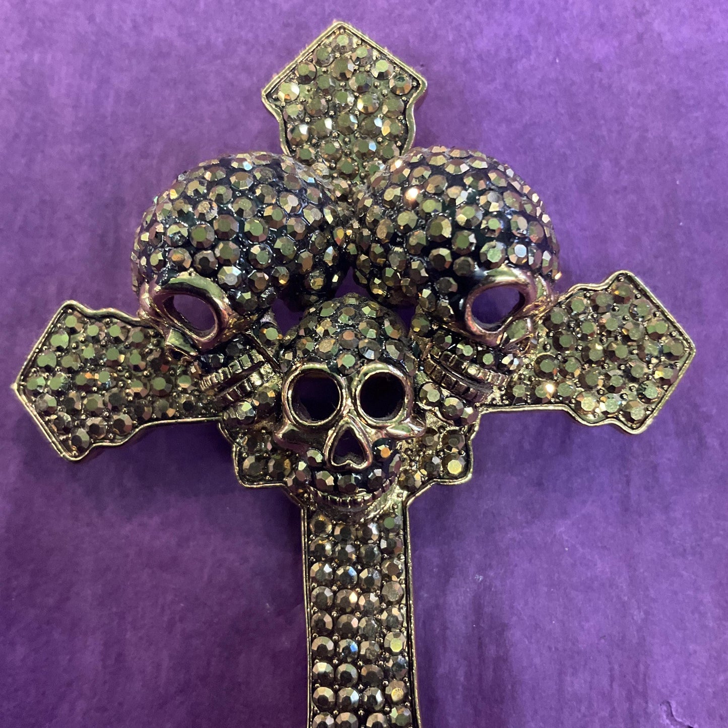 Vintage Butler and Wilson Large Crystal Skull Cross Brooch, old gold tone with gold and bronze rhinestones