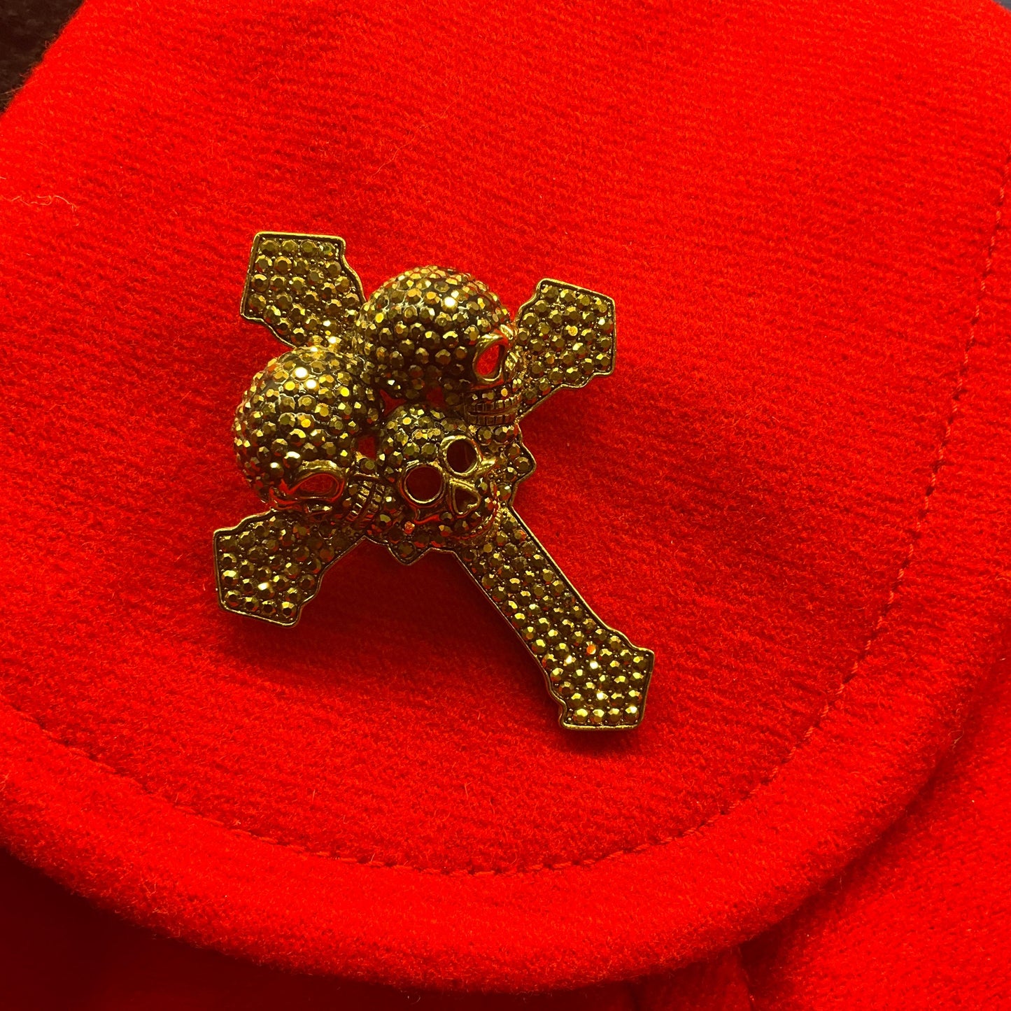 Vintage Butler and Wilson Large Crystal Skull Cross Brooch, old gold tone with gold and bronze rhinestones