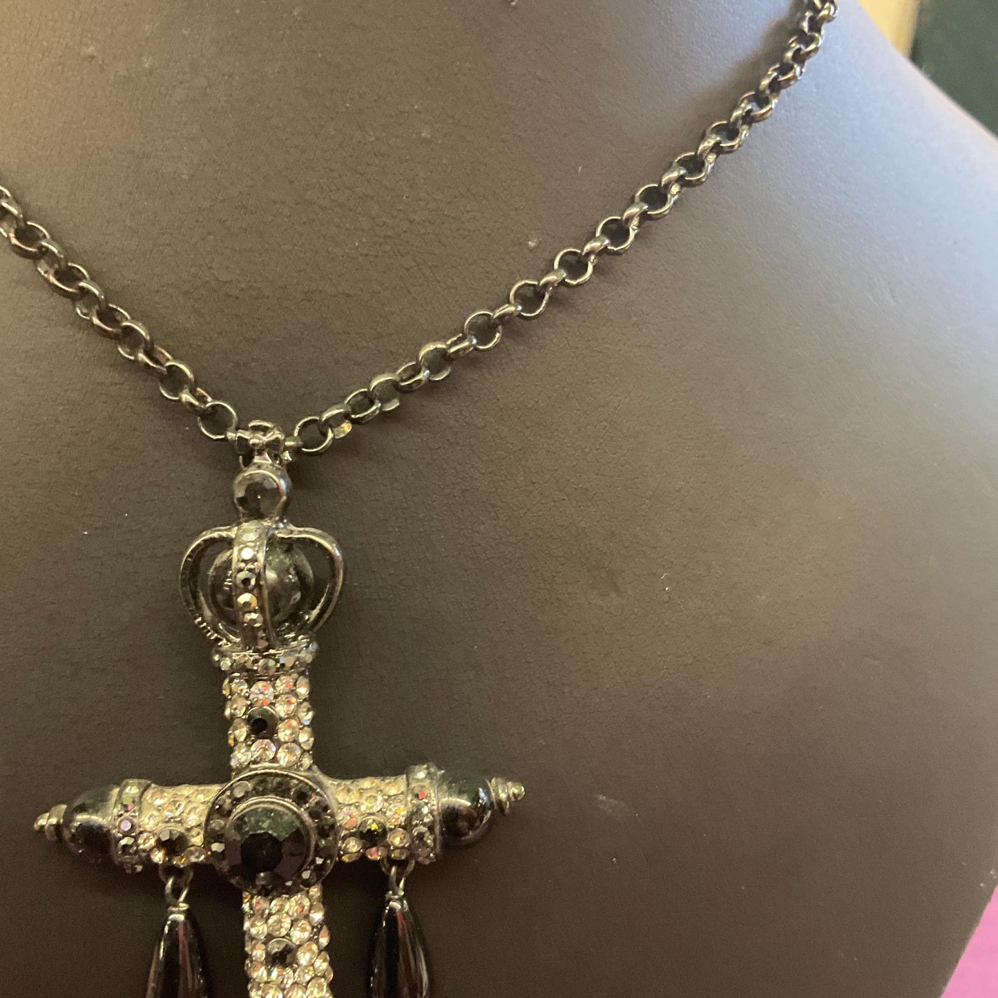 Vintage Butler and Wilson Large Ornate Cross Pendant, Black pewter and silver tones with teardrop crystals