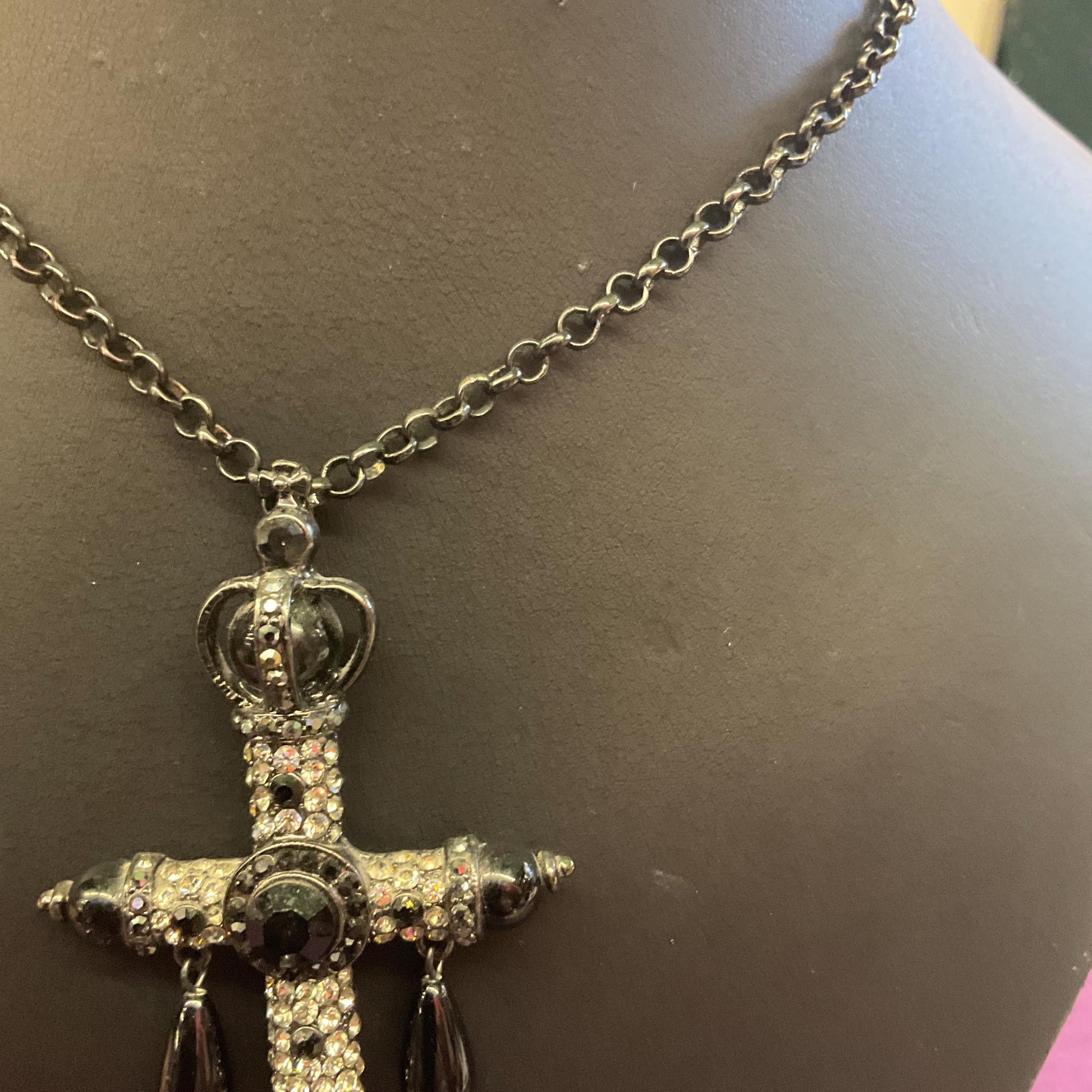 Vintage Butler and Wilson Large Ornate Cross Pendant, Black pewter and silver tones with teardrop crystals