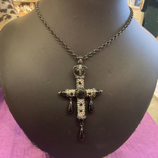 Vintage Butler and Wilson Large Ornate Cross Pendant, Black pewter and silver tones with teardrop crystals