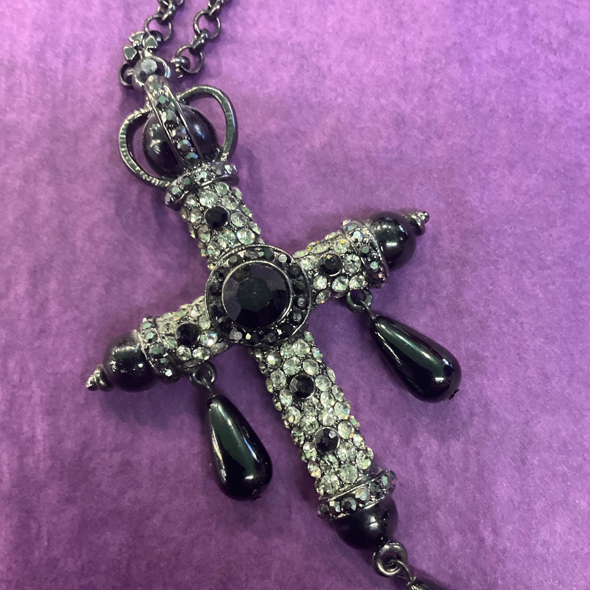 Vintage Butler and Wilson Large Ornate Cross Pendant, Black pewter and silver tones with teardrop crystals