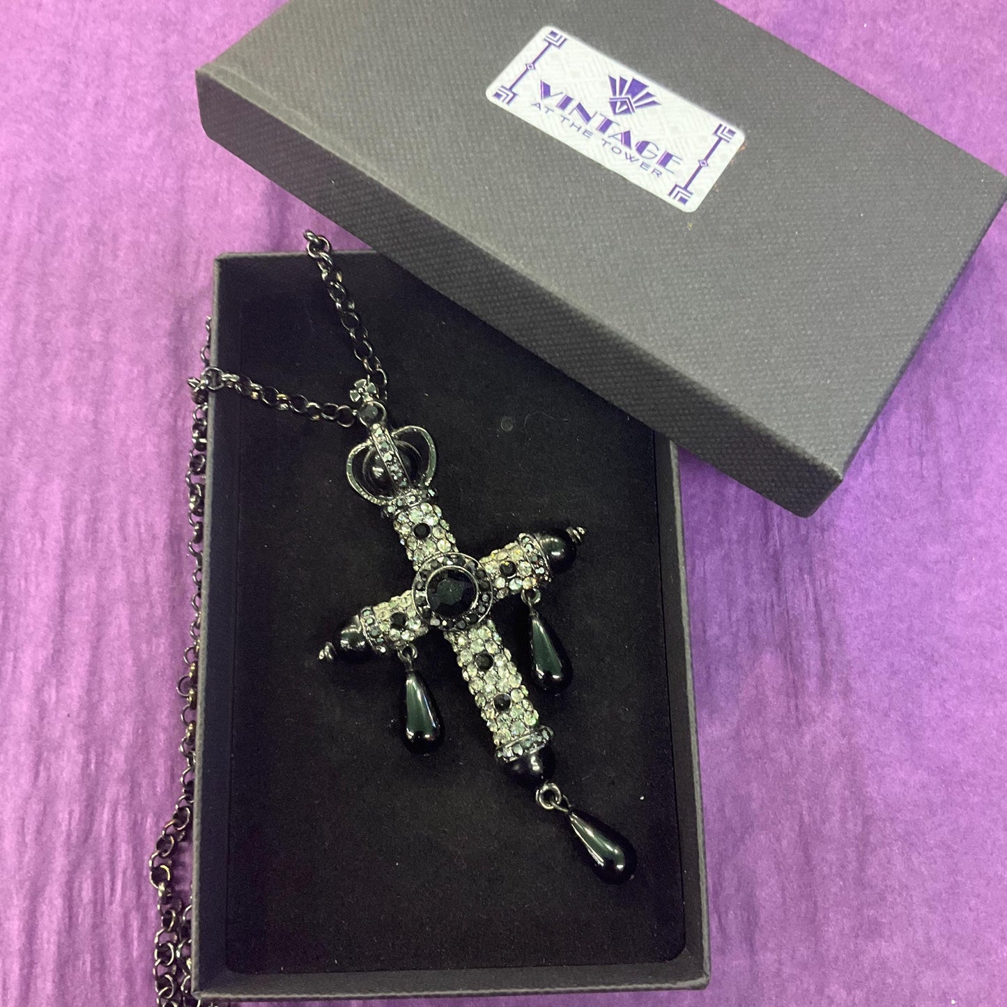 Vintage Butler and Wilson Large Ornate Cross Pendant, Black pewter and silver tones with teardrop crystals