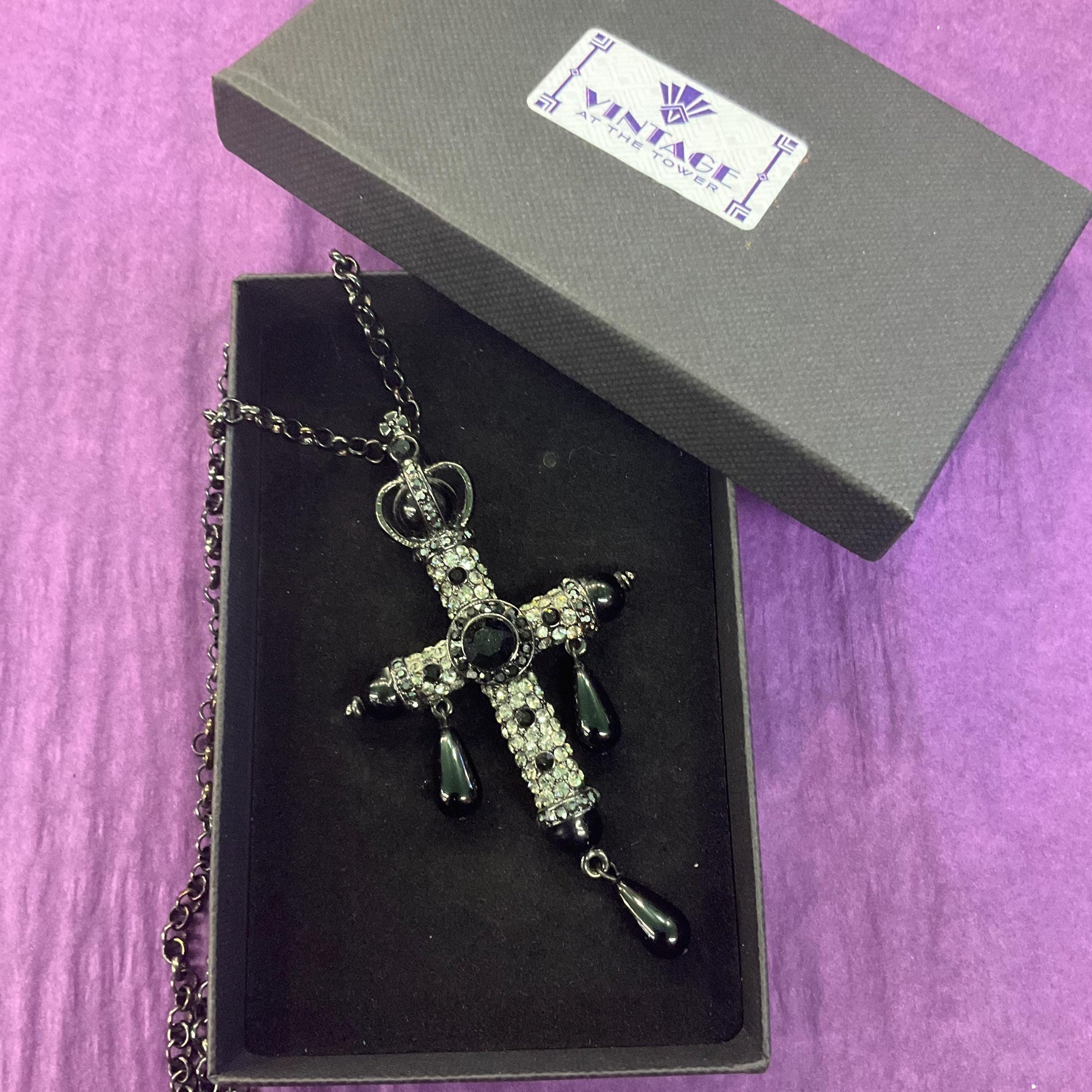 Vintage Butler and Wilson Large Ornate Cross Pendant, Black pewter and silver tones with teardrop crystals