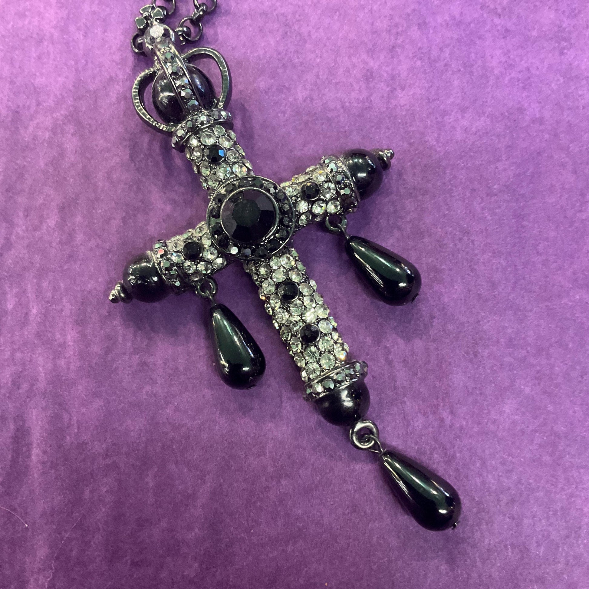 Vintage Butler and Wilson Large Ornate Cross Pendant, Black pewter and silver tones with teardrop crystals