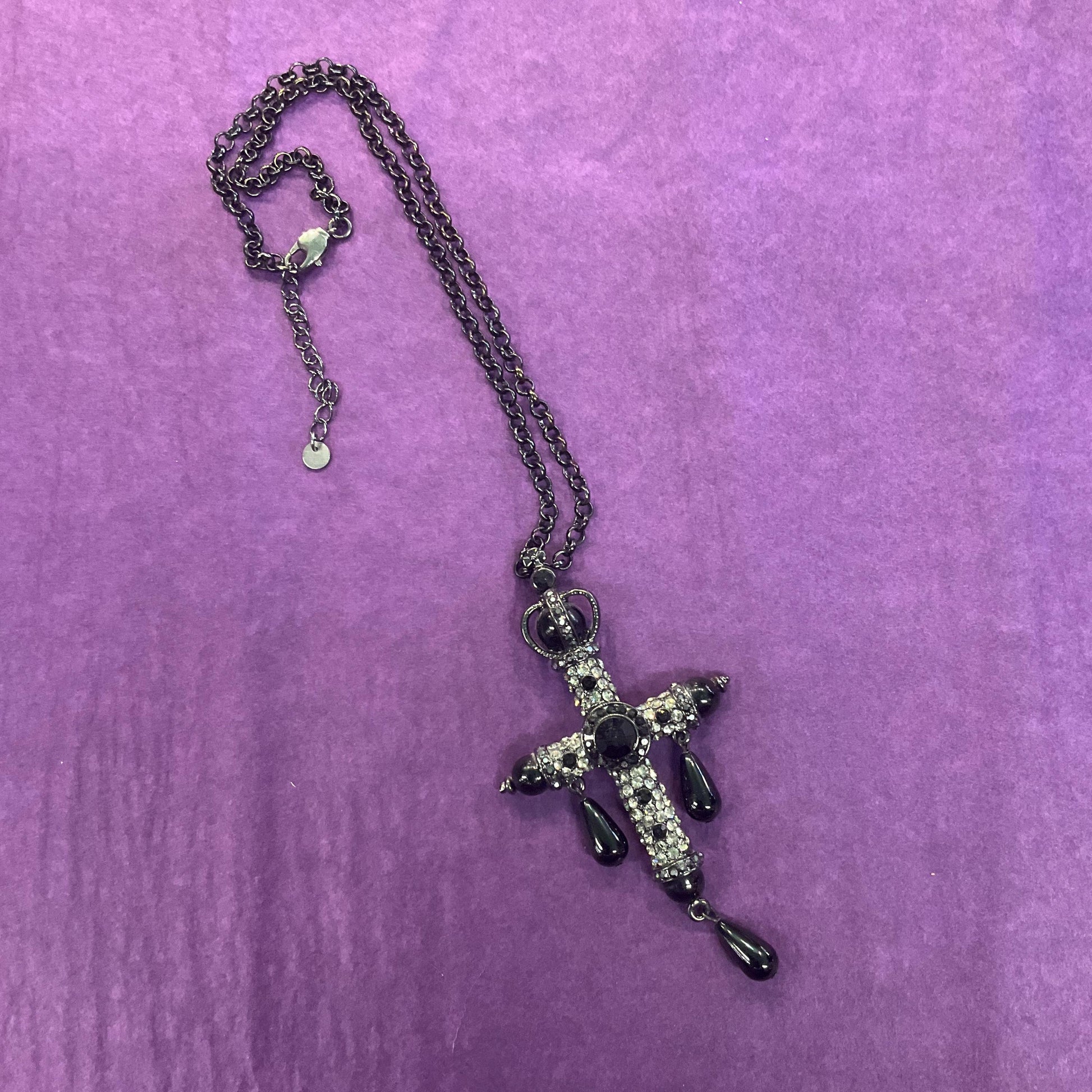 Vintage Butler and Wilson Large Ornate Cross Pendant, Black pewter and silver tones with teardrop crystals