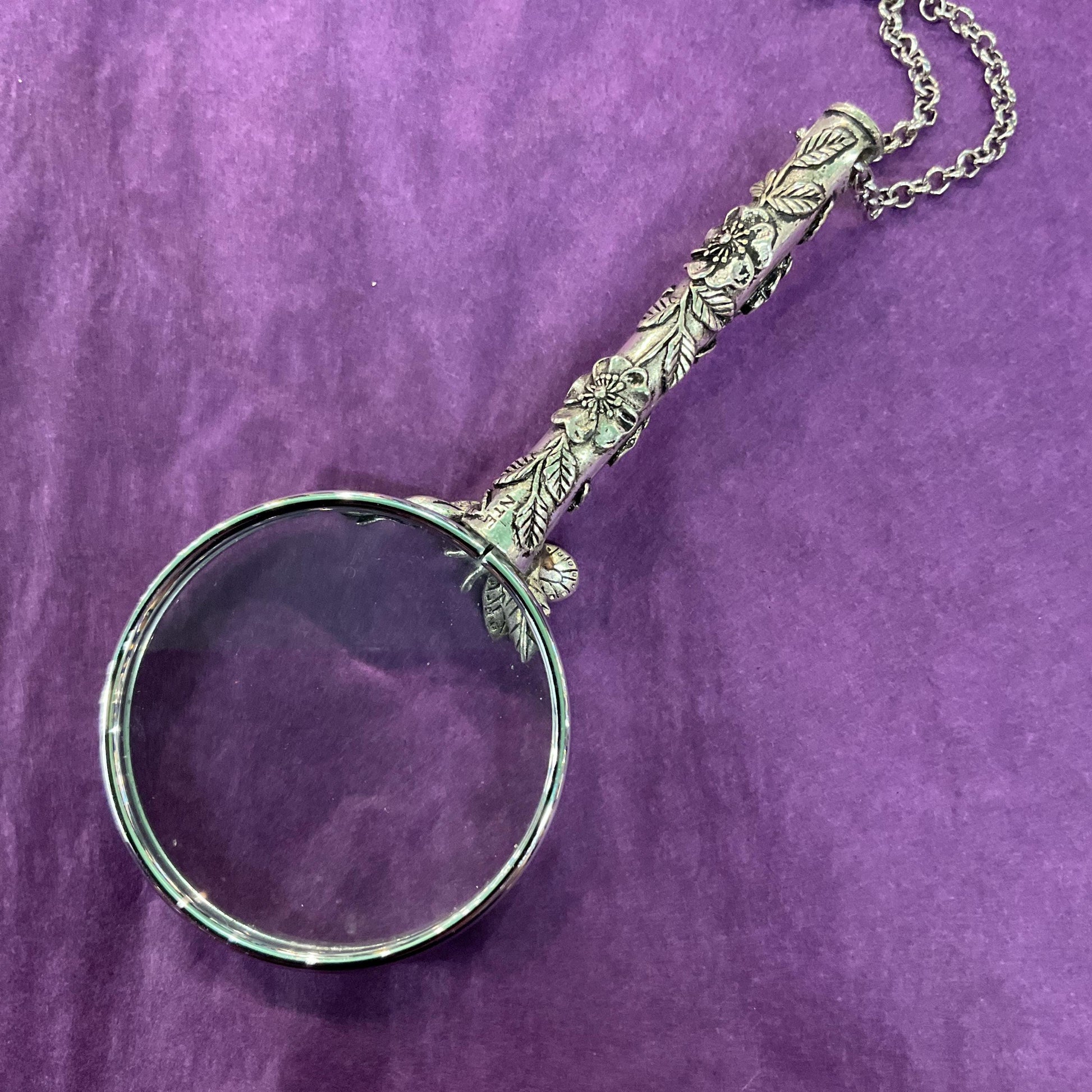Vintage Butterfly Magnifying Glass Pendant, Silver tone onto Silver Plated long chain