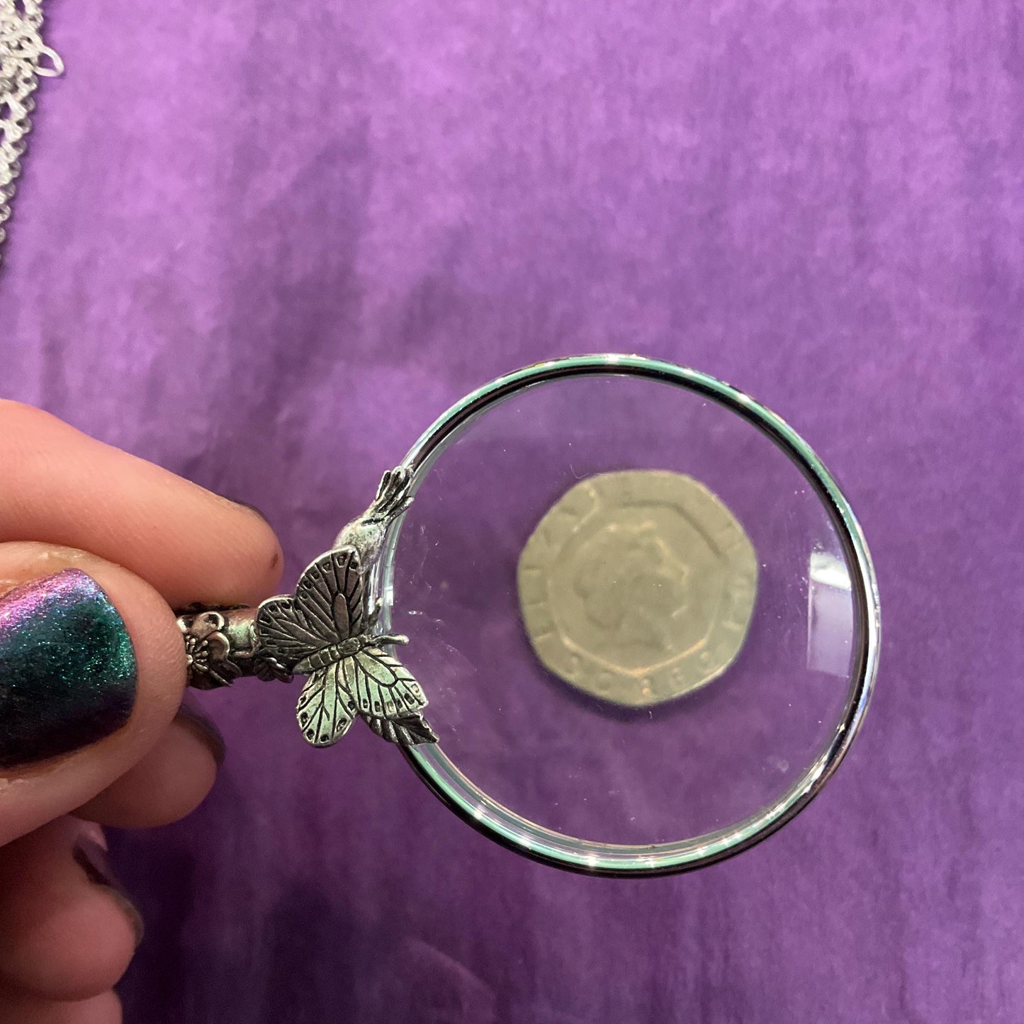 Vintage Butterfly Magnifying Glass Pendant, Silver tone onto Silver Plated long chain