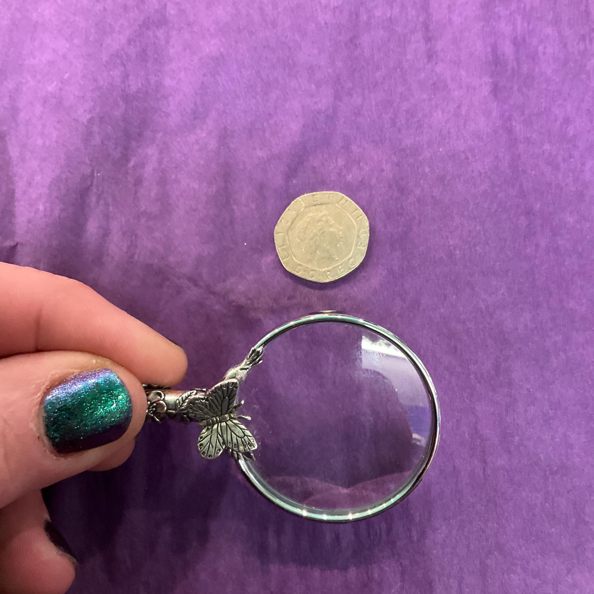 Vintage Butterfly Magnifying Glass Pendant, Silver tone onto Silver Plated long chain