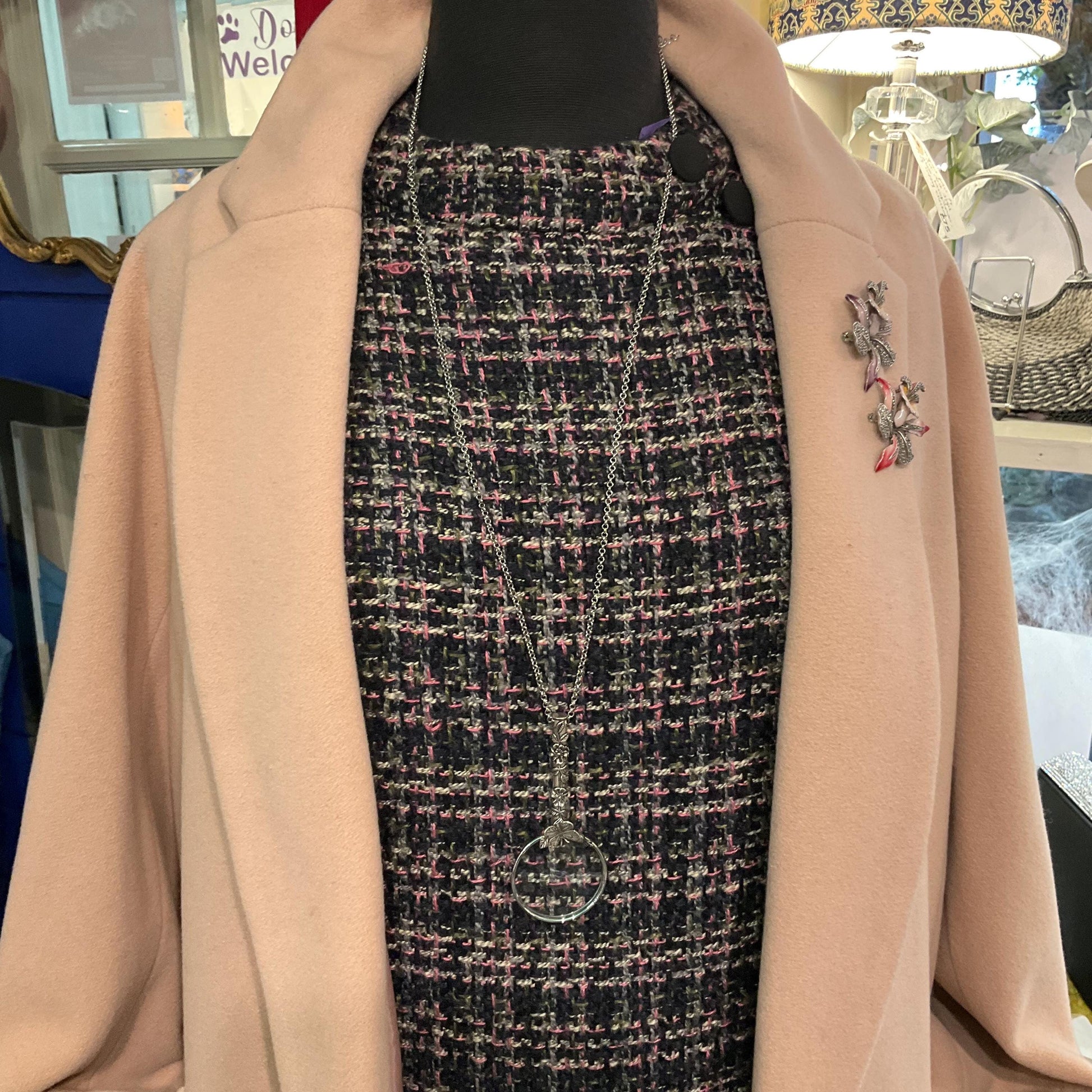 Vintage Butterfly Magnifying Glass Pendant, Silver tone onto Silver Plated long chain