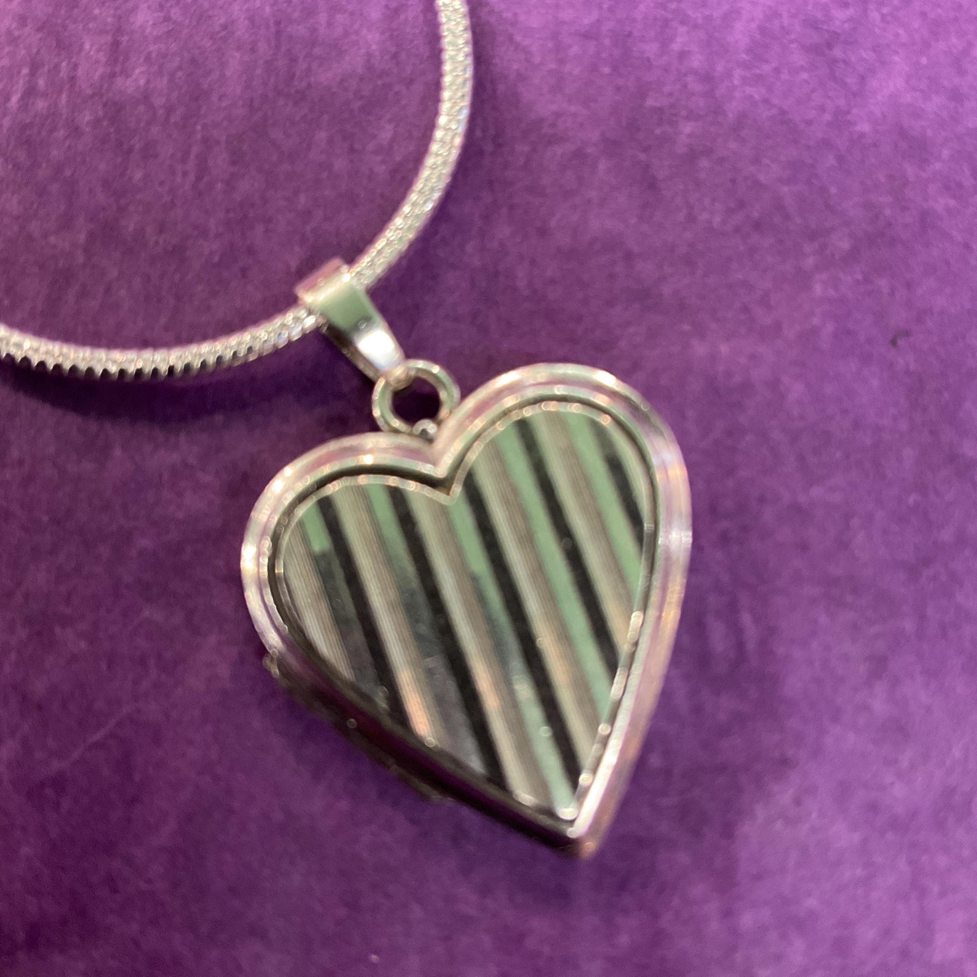 Vintage Silver Heart Shaped Small Locket, vertical striped engraving onto a silver snake chain