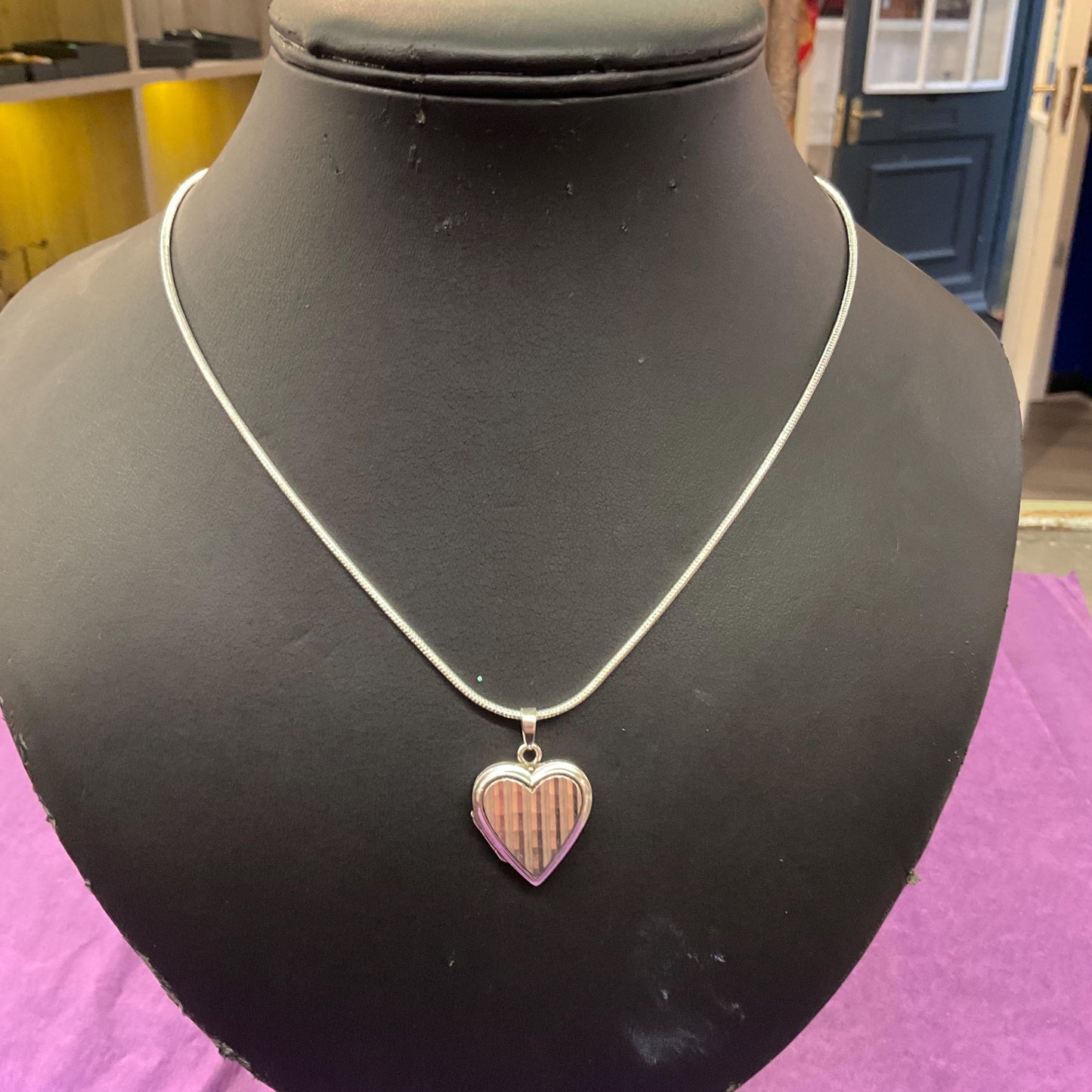 Vintage Silver Heart Shaped Small Locket, vertical striped engraving onto a silver snake chain