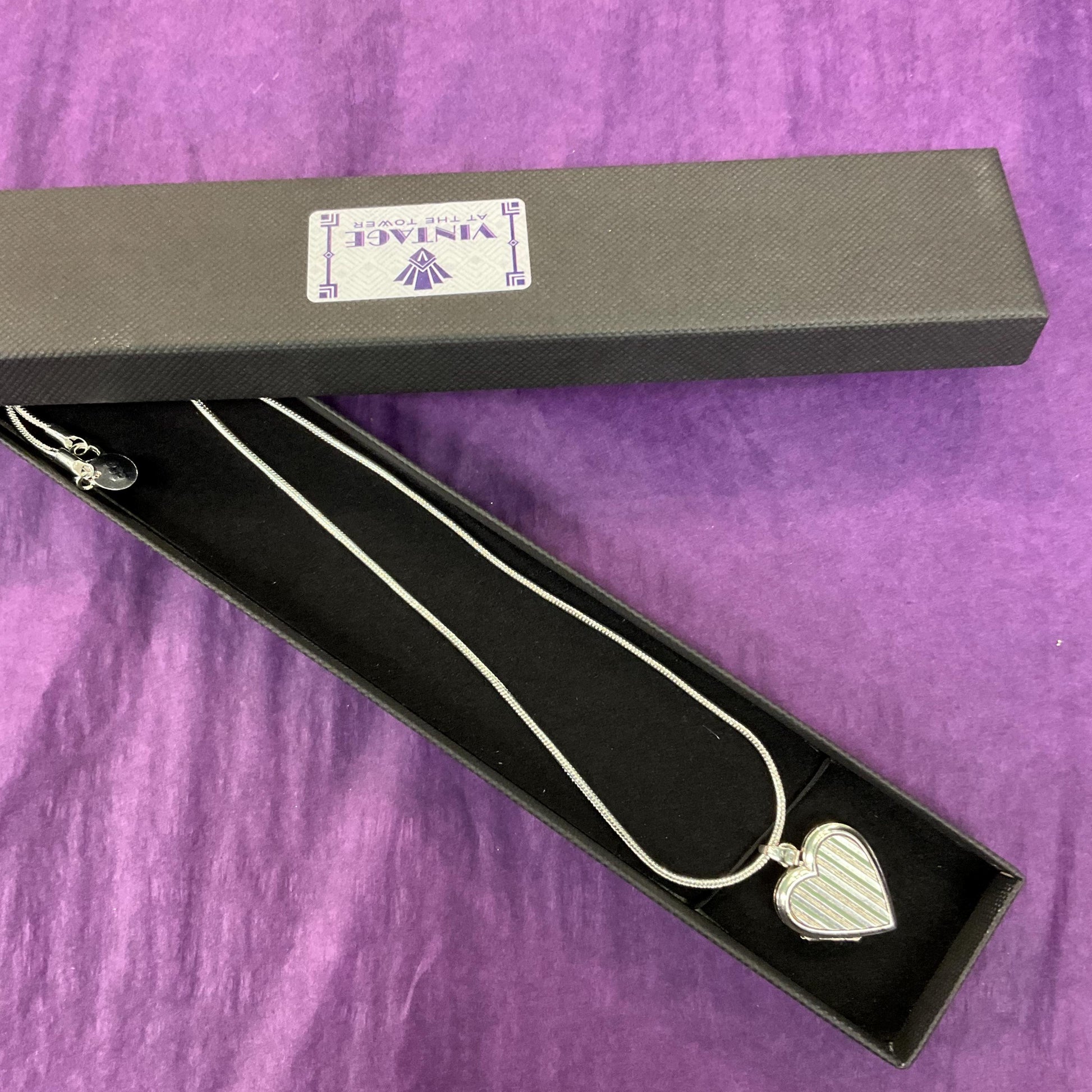 Vintage Silver Heart Shaped Small Locket, vertical striped engraving onto a silver snake chain