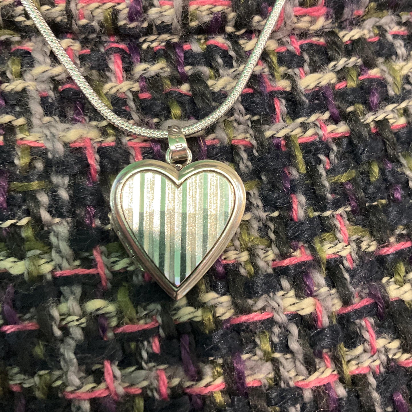 Vintage Silver Heart Shaped Small Locket, vertical striped engraving onto a silver snake chain