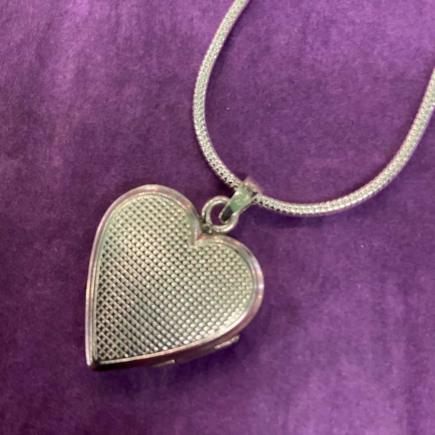 Vintage Silver Heart Shaped Small Locket, vertical striped engraving onto a silver snake chain