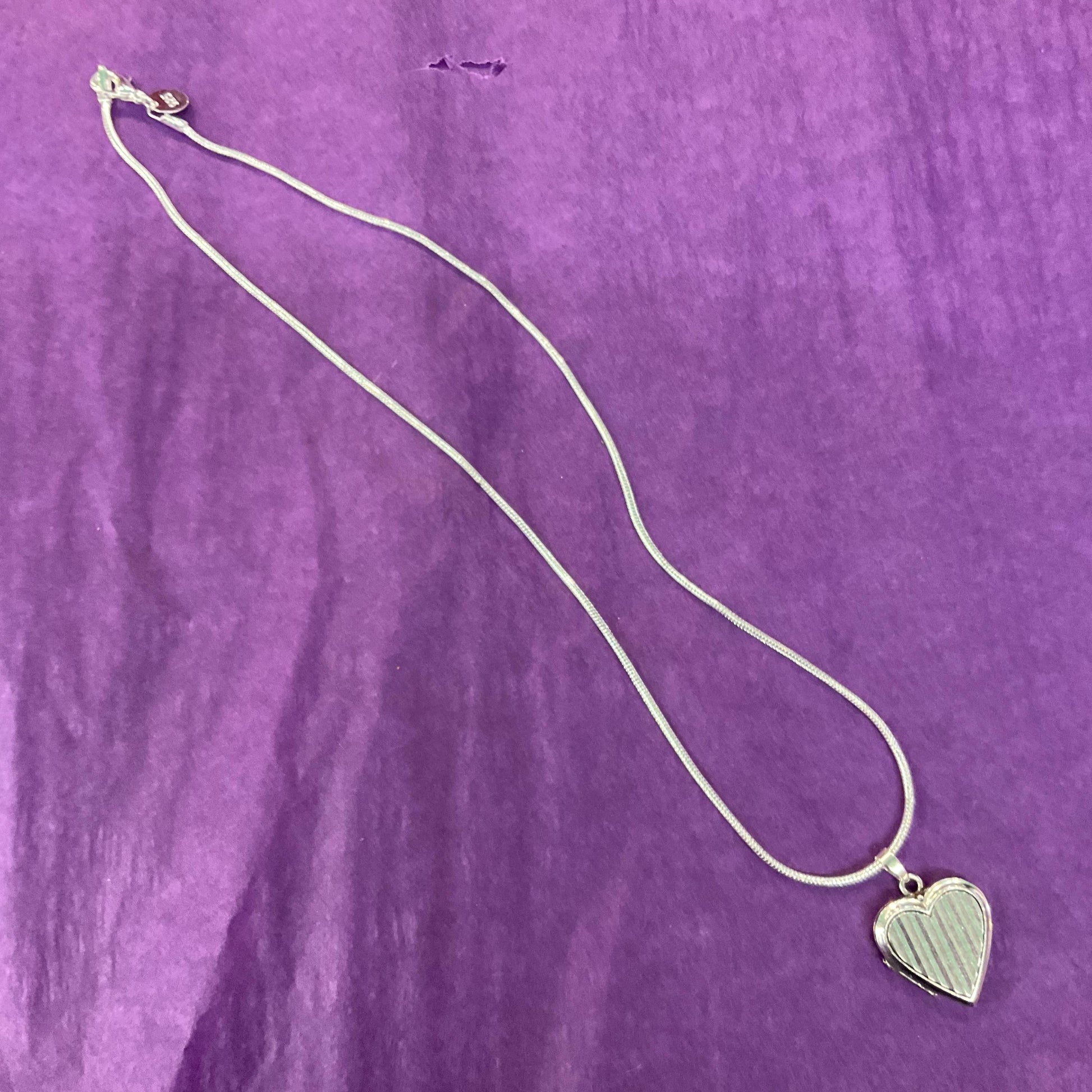 Vintage Silver Heart Shaped Small Locket, vertical striped engraving onto a silver snake chain