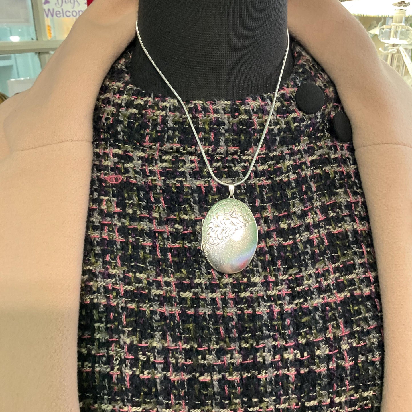 Vintage Sterling Silver Large Oval Locket, Birmingham Hallmark, Foliate Engraving onto 925 Silver Snake Chain