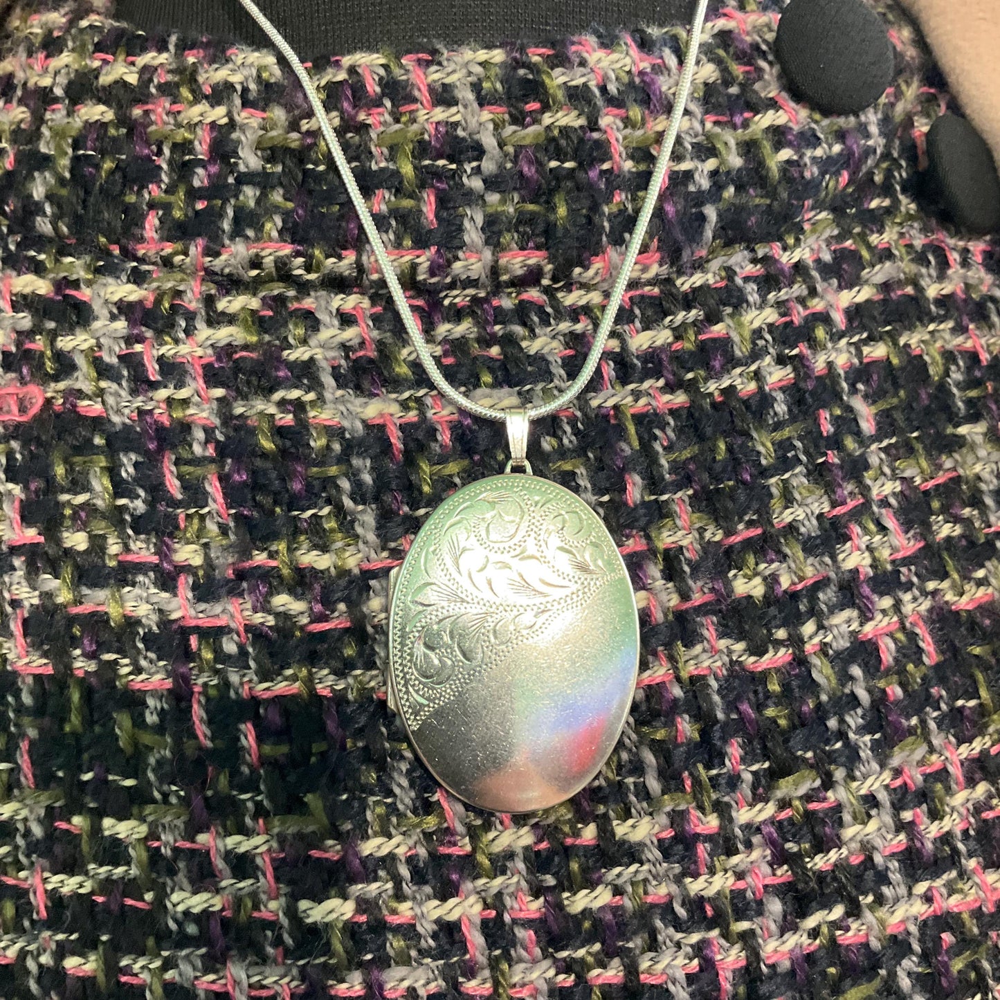 Vintage Sterling Silver Large Oval Locket, Birmingham Hallmark, Foliate Engraving onto 925 Silver Snake Chain