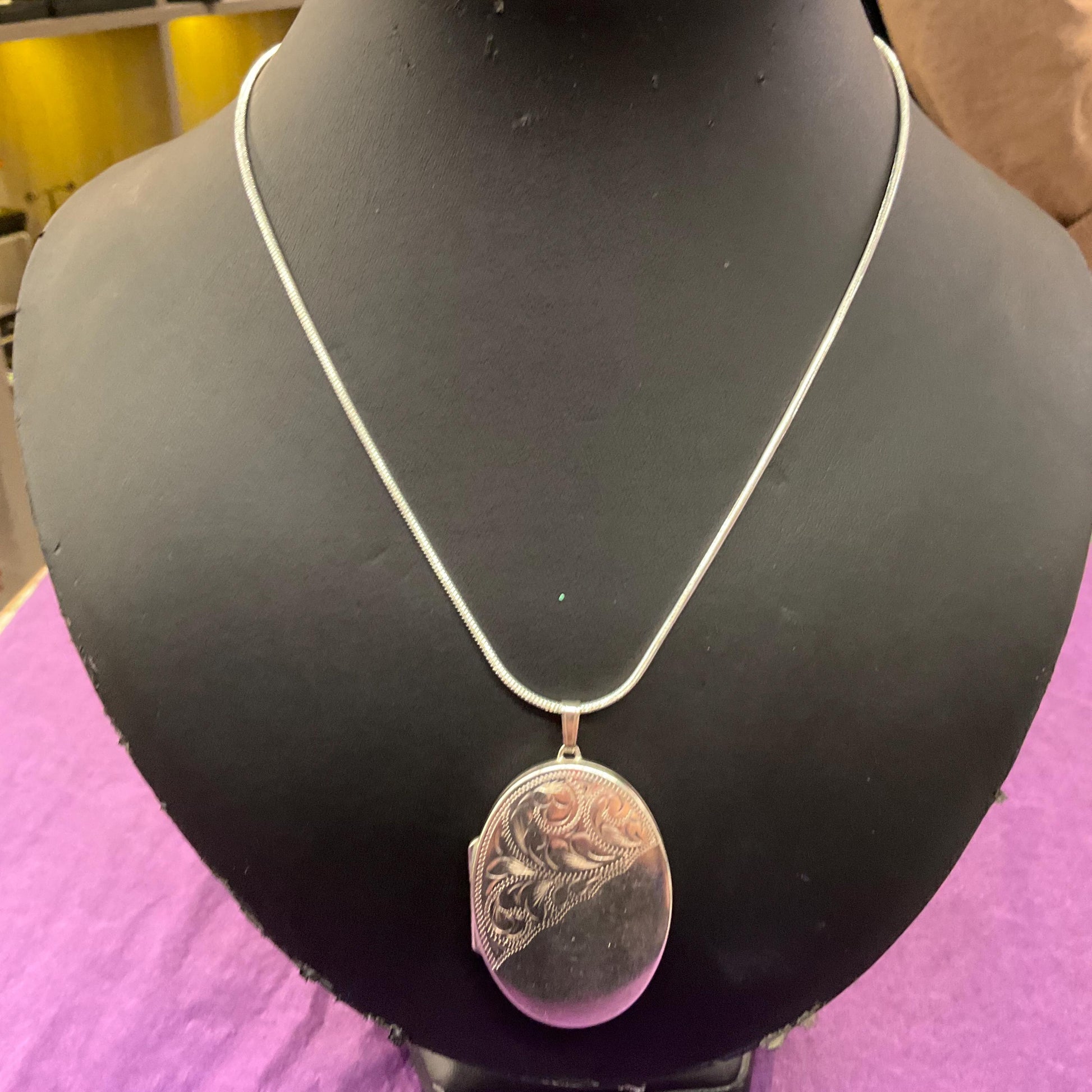 Vintage Sterling Silver Large Oval Locket, Birmingham Hallmark, Foliate Engraving onto 925 Silver Snake Chain