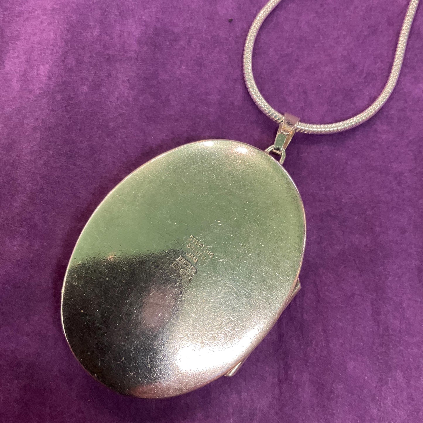 Vintage Sterling Silver Large Oval Locket, Birmingham Hallmark, Foliate Engraving onto 925 Silver Snake Chain