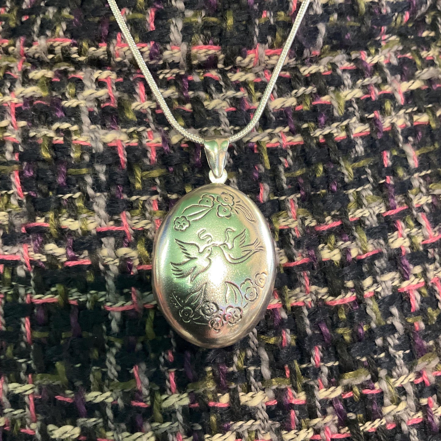 Vintage Silver Lovebirds Locket with ‘How do I Love thee…’ Engraved Poem, silver snake Chain , Wedding gift