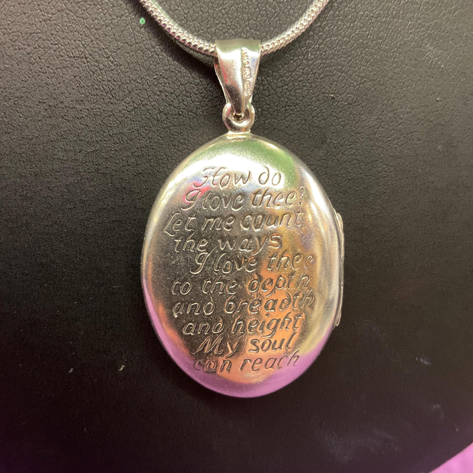 Vintage Silver Lovebirds Locket with ‘How do I Love thee…’ Engraved Poem, silver snake Chain , Wedding gift