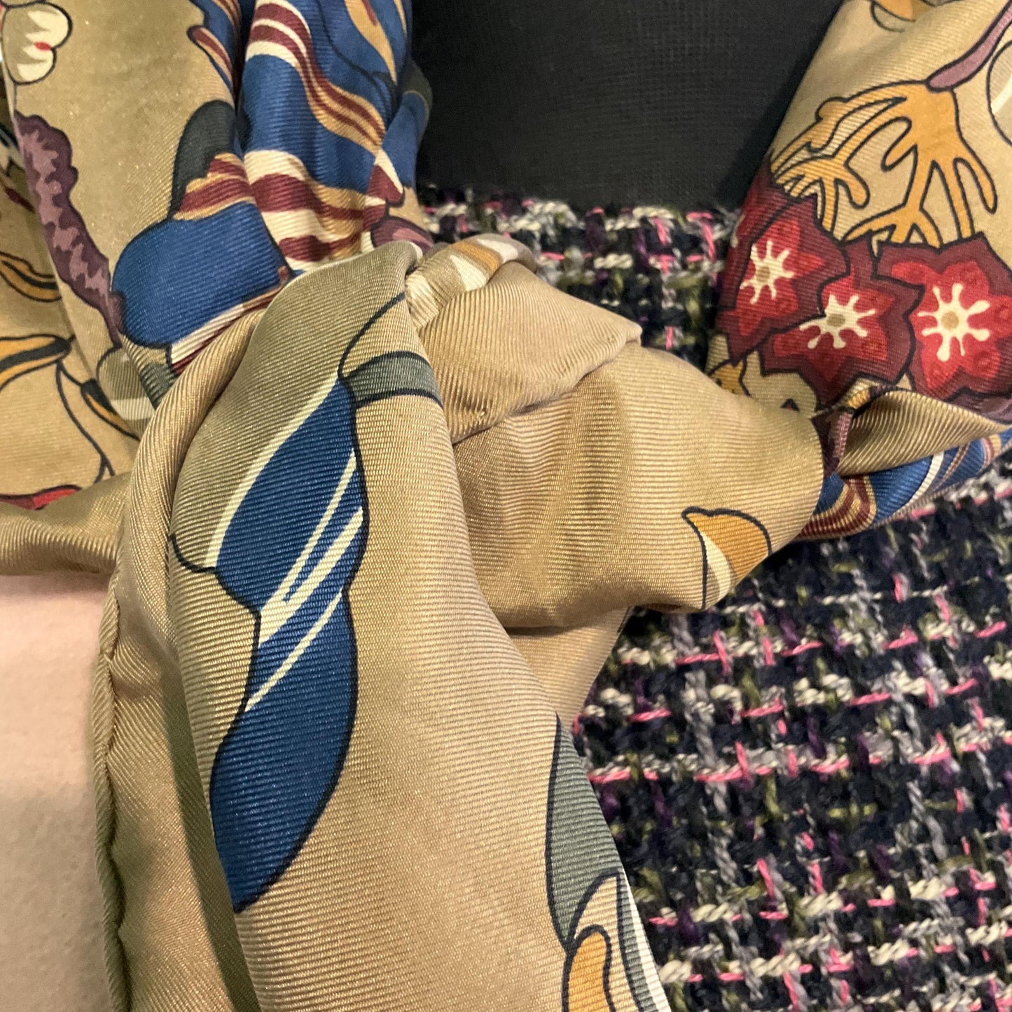 Vintage Liberty of London Large Floral Pure Silk Scarf, autumnal shades with rich gold background, hand rolled