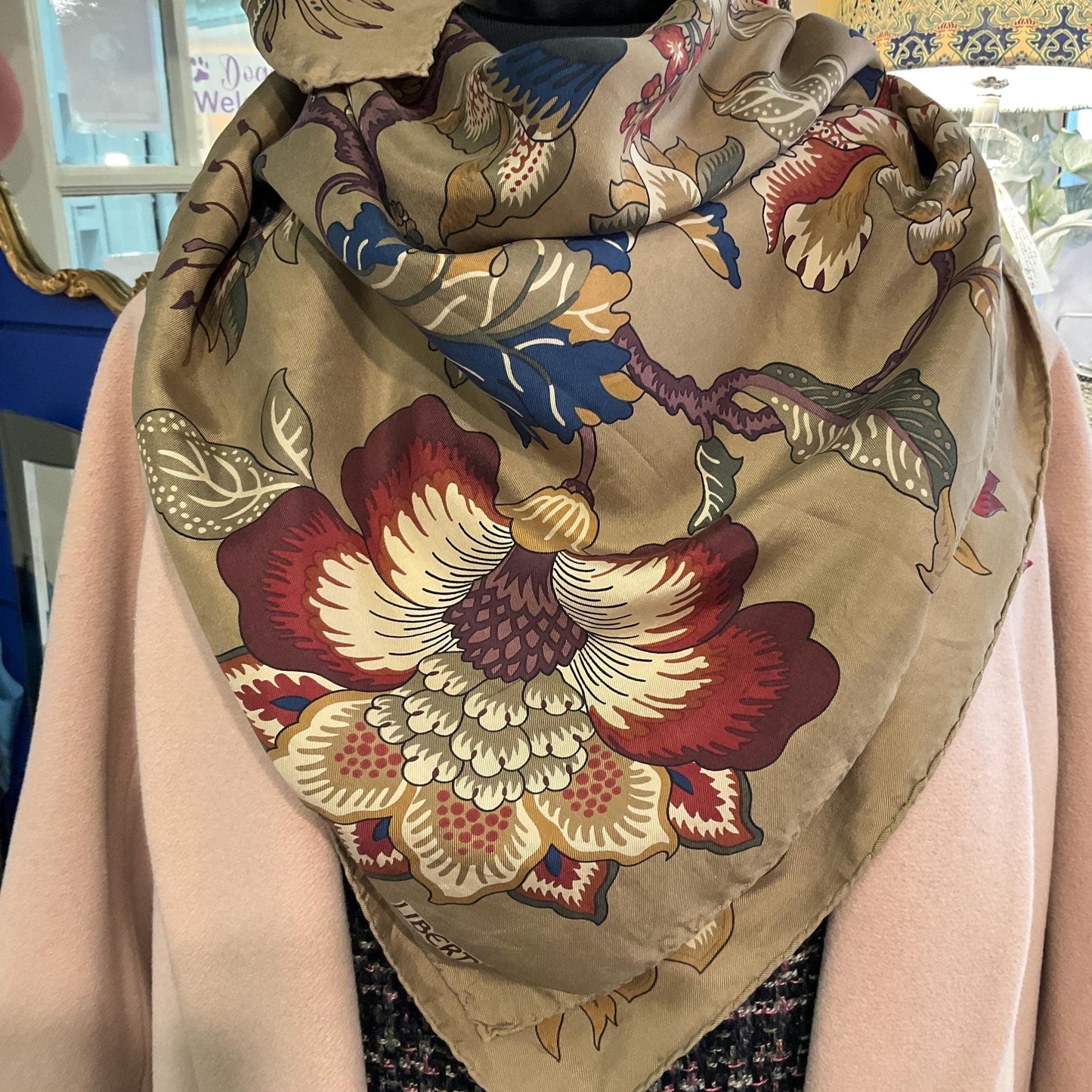 Vintage Liberty of London Large Floral Pure Silk Scarf, autumnal shades with rich gold background, hand rolled