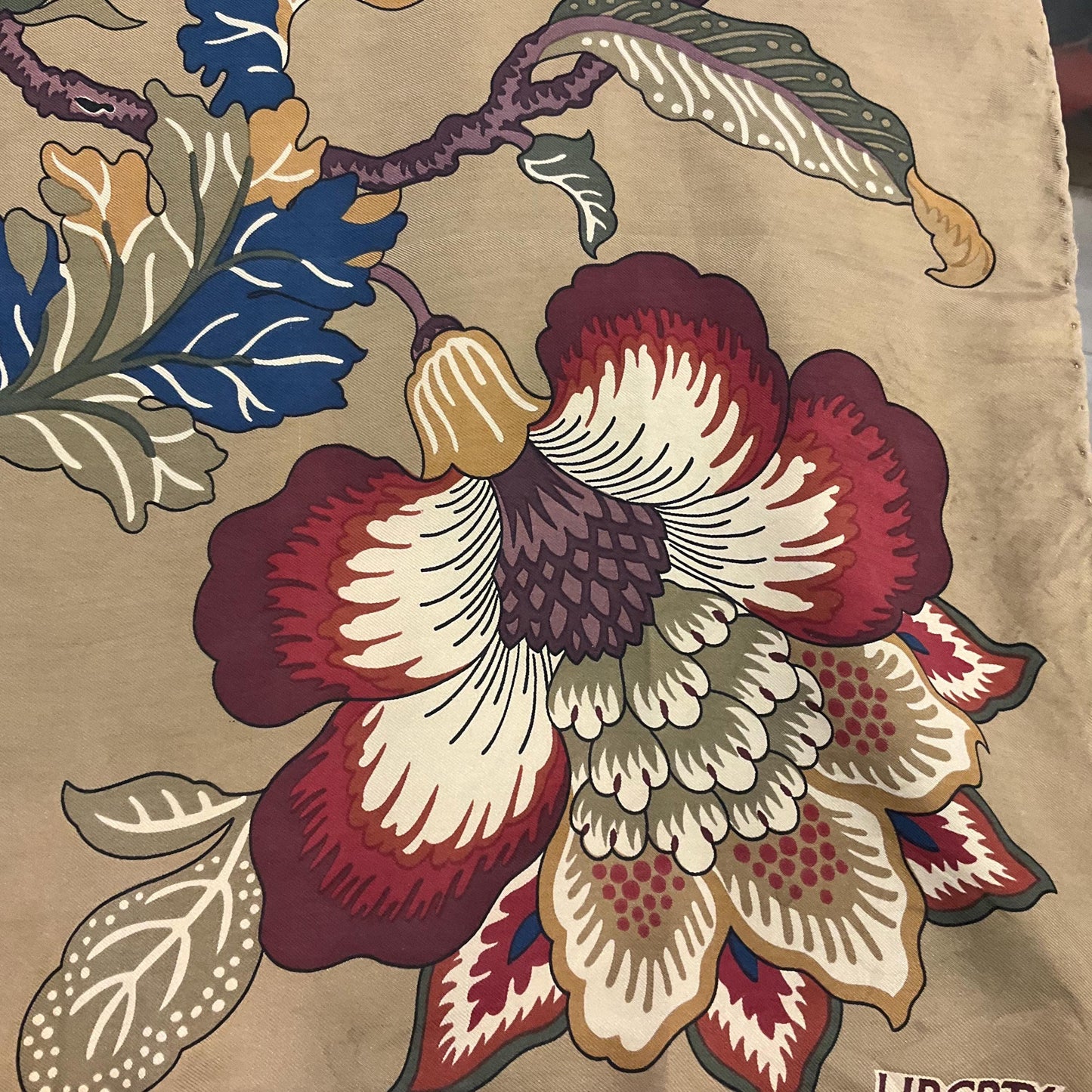 Vintage Liberty of London Large Floral Pure Silk Scarf, autumnal shades with rich gold background, hand rolled