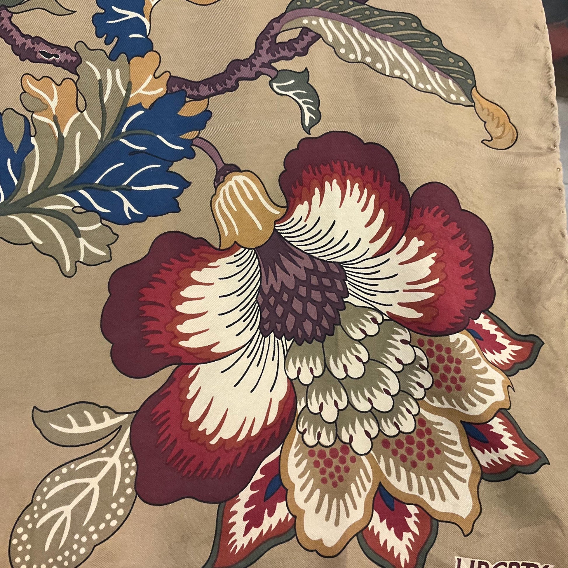 Vintage Liberty of London Large Floral Pure Silk Scarf, autumnal shades with rich gold background, hand rolled