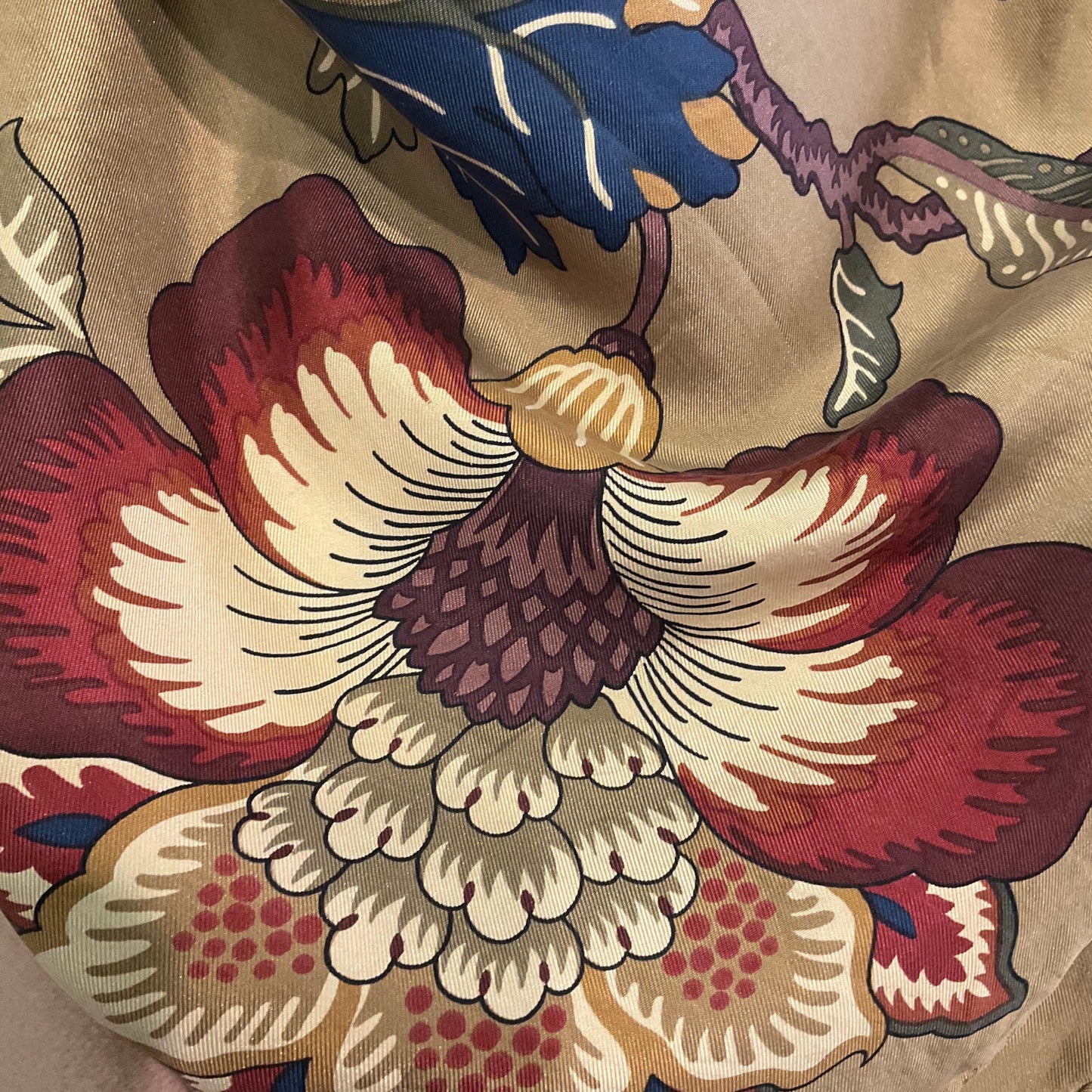 Vintage Liberty of London Large Floral Pure Silk Scarf, autumnal shades with rich gold background, hand rolled